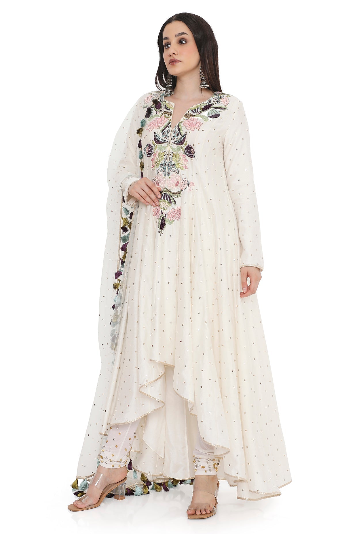 Off-White Embroidered High-Low Anarkali With Embroidered Churidar With Dupatta