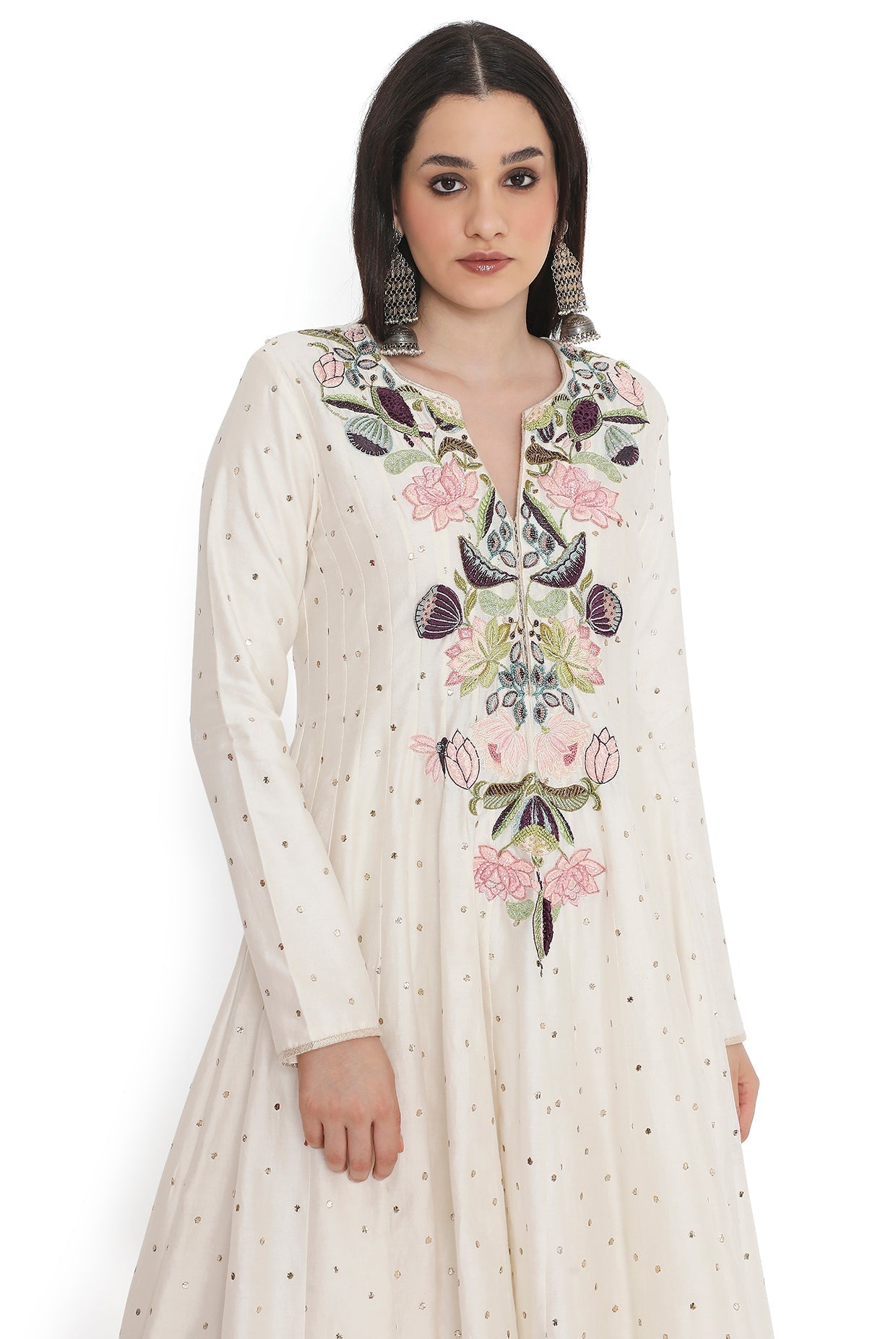 Off-White Embroidered High-Low Anarkali With Embroidered Churidar With Dupatta