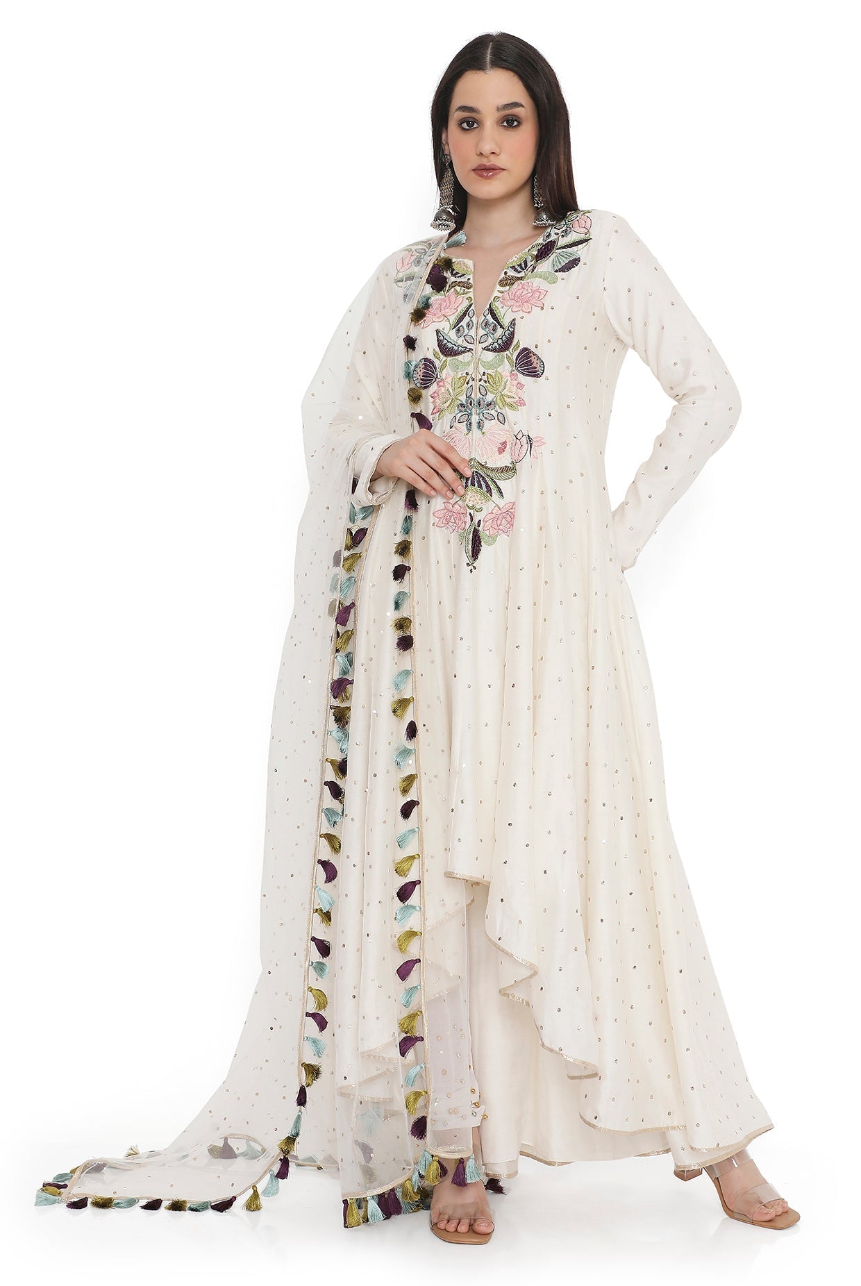 Off-White Embroidered High-Low Anarkali With Embroidered Churidar With Dupatta