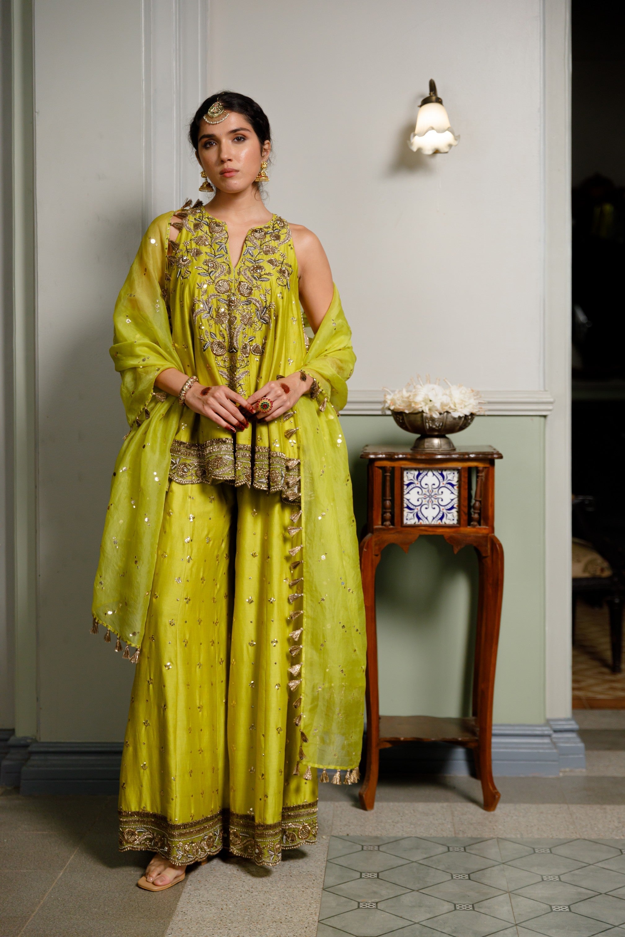 Jahanana Mehendi Green Embroidered Short Anarkali And Sharara With Dupatta