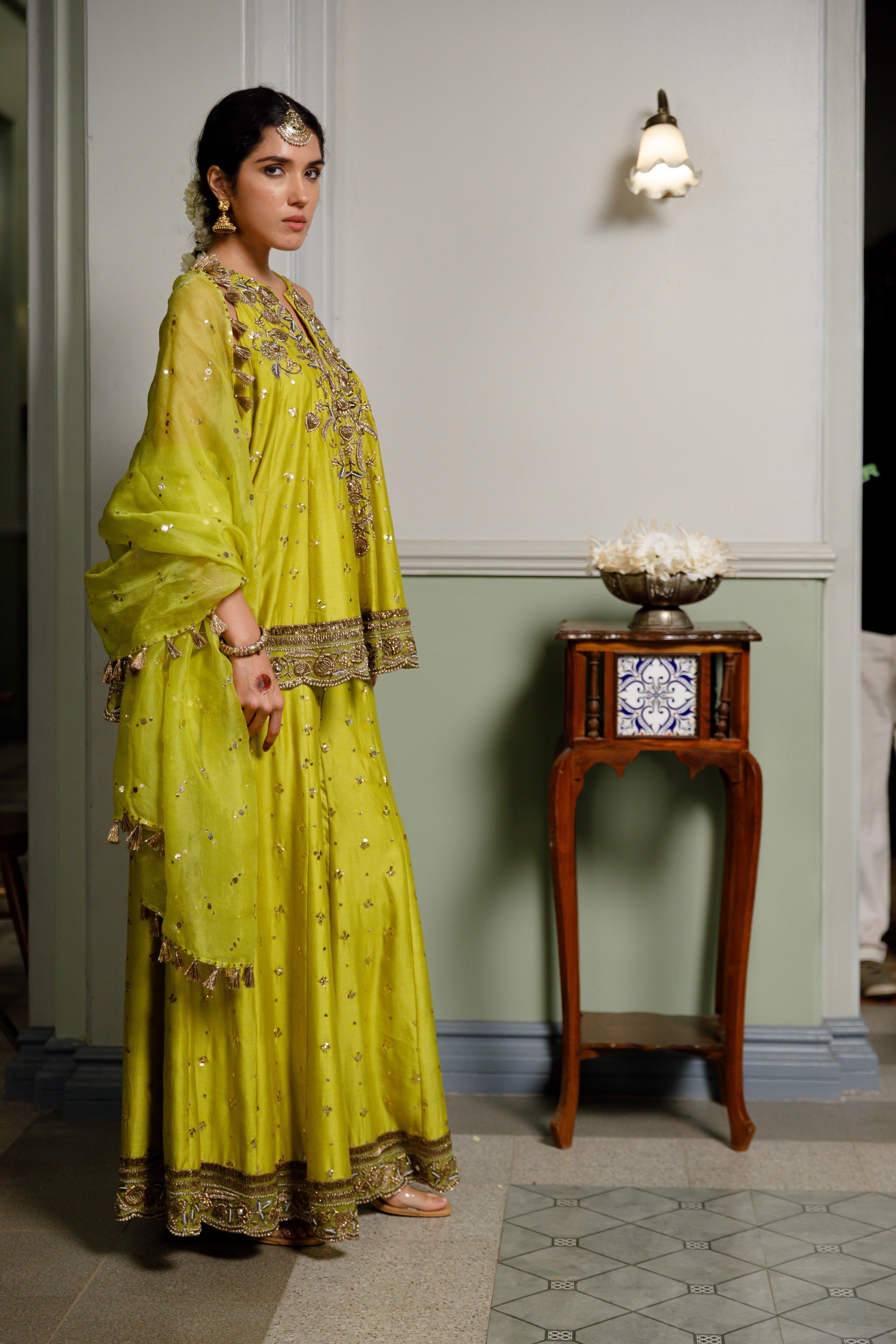 Jahanana Mehendi Green Embroidered Short Anarkali And Sharara With Dupatta