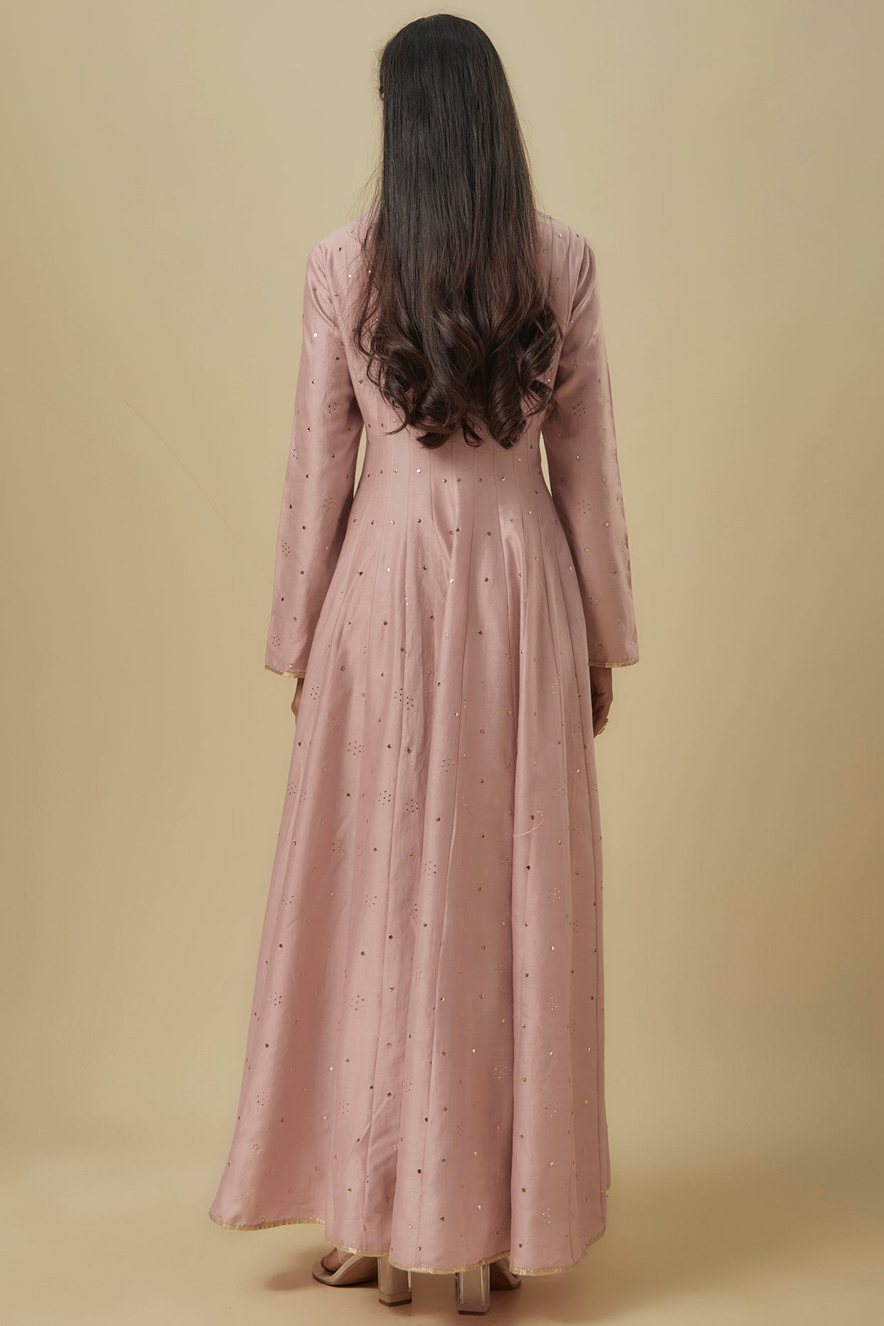 Onion Pink Embroidered High Low Mukaish Silkmul Anarkali With Soft Net Churidar And Ogrnaza Dupatta.