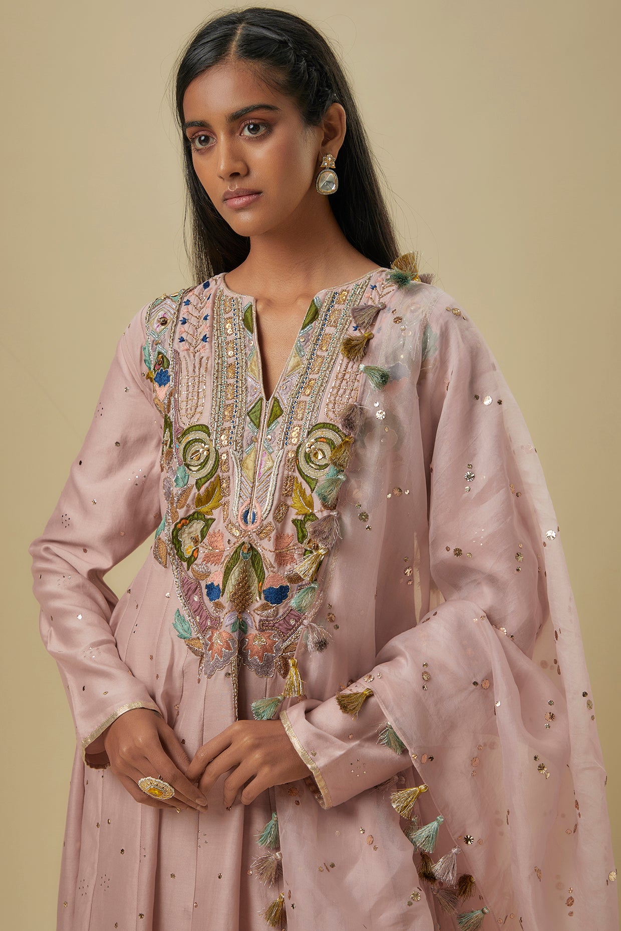 Onion Pink Embroidered High Low Mukaish Silkmul Anarkali With Soft Net Churidar And Ogrnaza Dupatta.