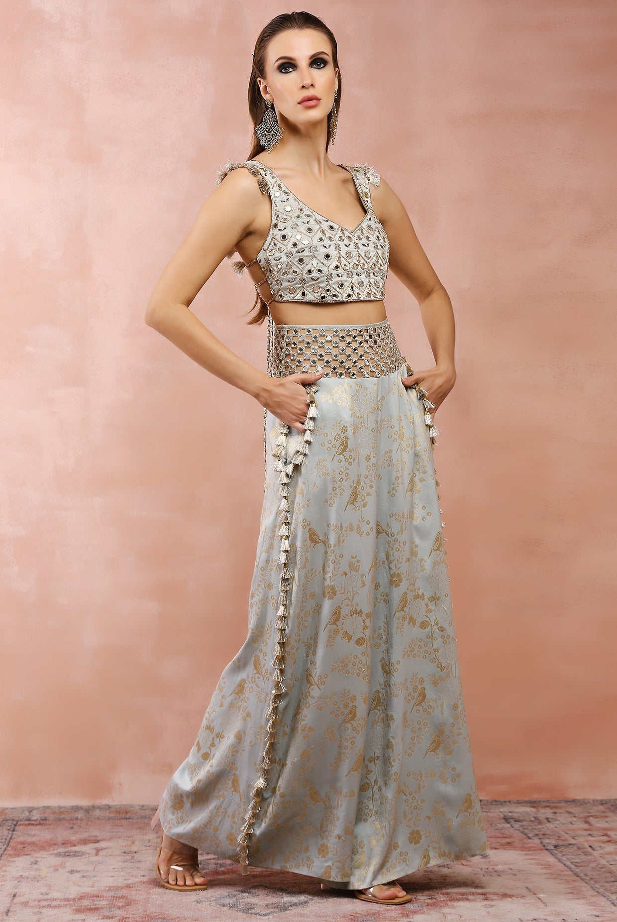 Powder Blue Embroidered Choli With Palazzo