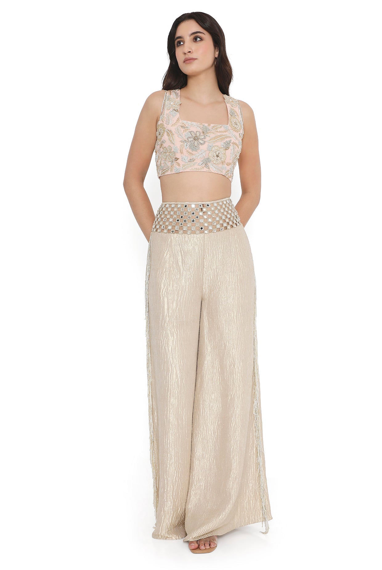 Rose Pink Embroidered Back Tie-Up Choli With Pant