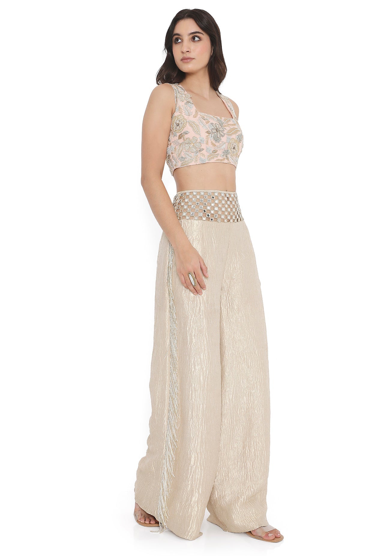 Rose Pink Embroidered Back Tie-Up Choli With Pant