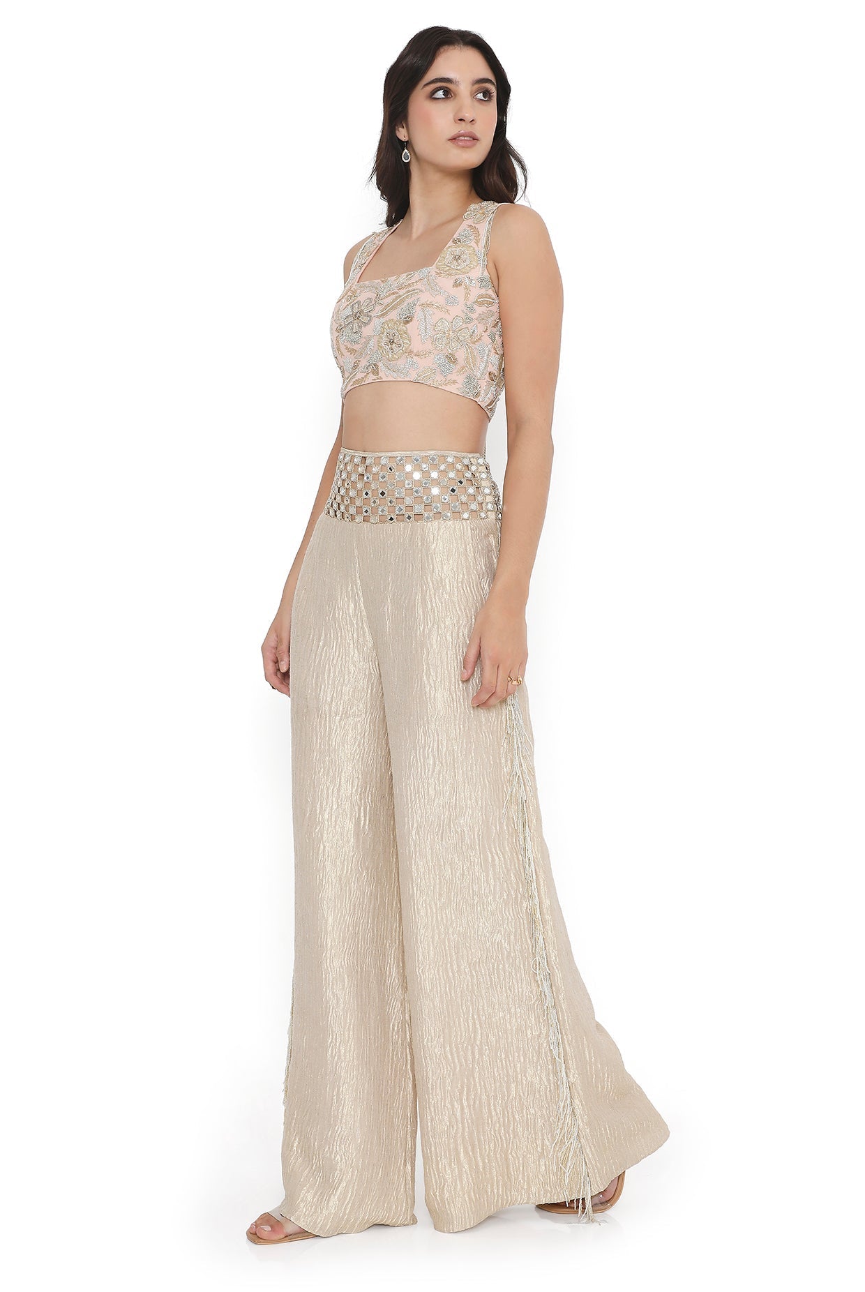 Rose Pink Embroidered Back Tie-Up Choli With Pant