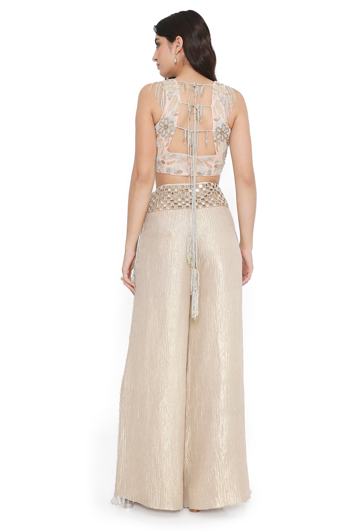 Rose Pink Embroidered Back Tie-Up Choli With Pant