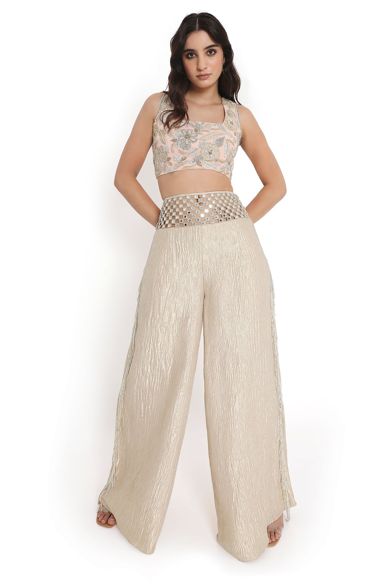 Rose Pink Embroidered Back Tie-Up Choli With Pant