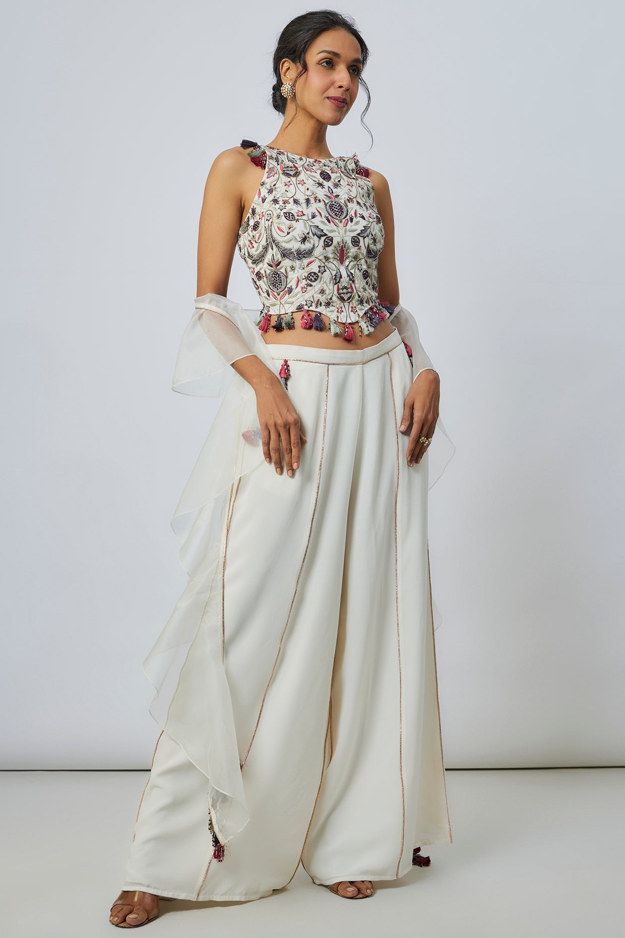 Off White Embroidered Choli And Pant With Ruffle Dupatta
