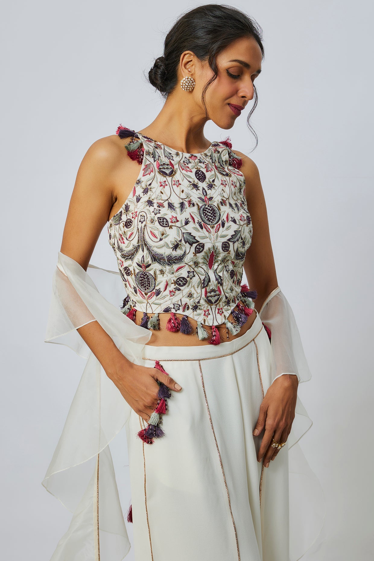 Off White Embroidered Choli And Pant With Ruffle Dupatta