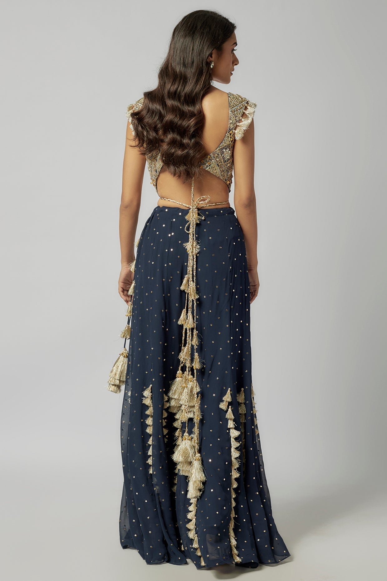 Navy Embroidered Back Tie-Up Choli With Sharara And Dupatta