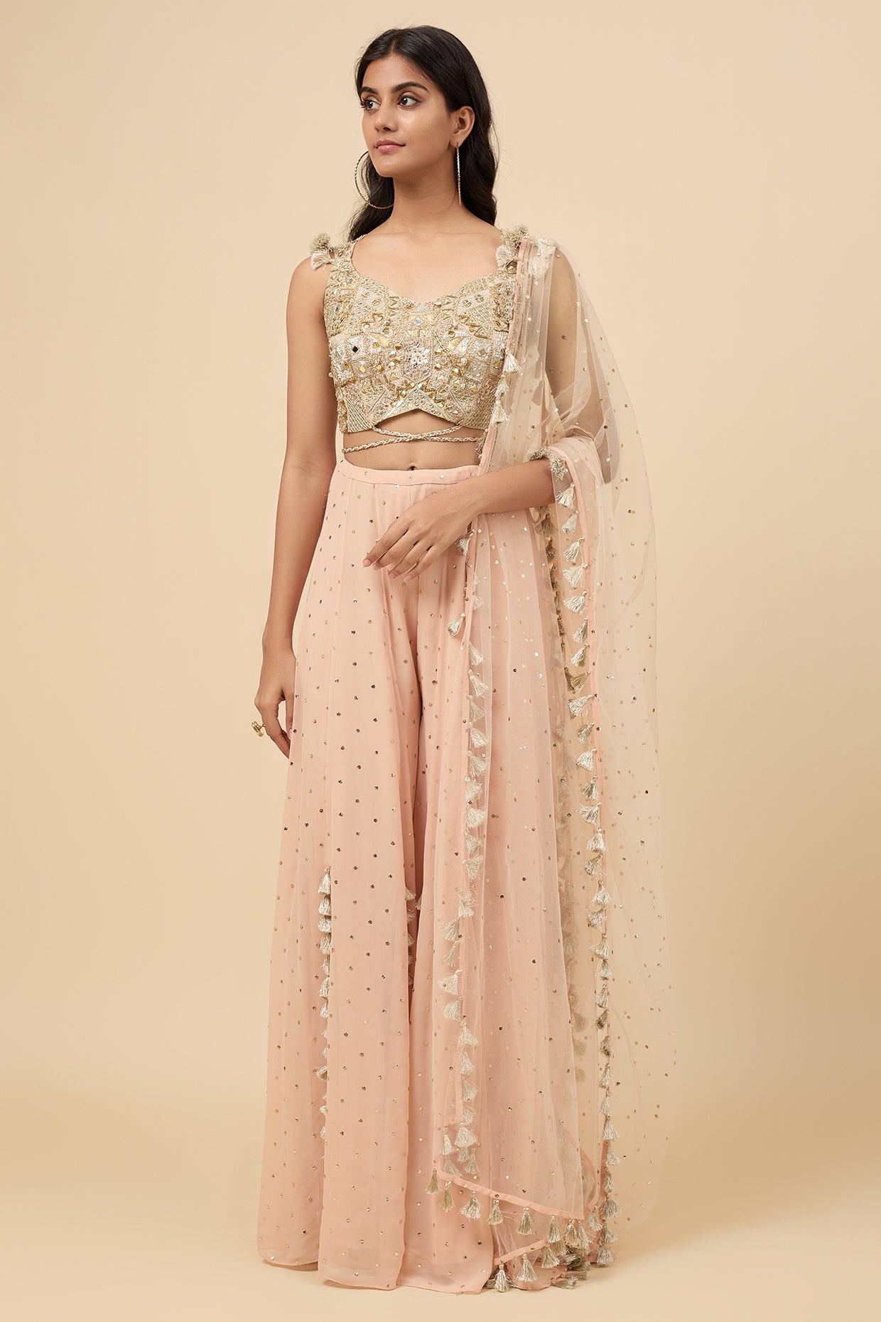 Blush Pink Embroidered Back Tie-Up Choli And Sharara With Dupatta