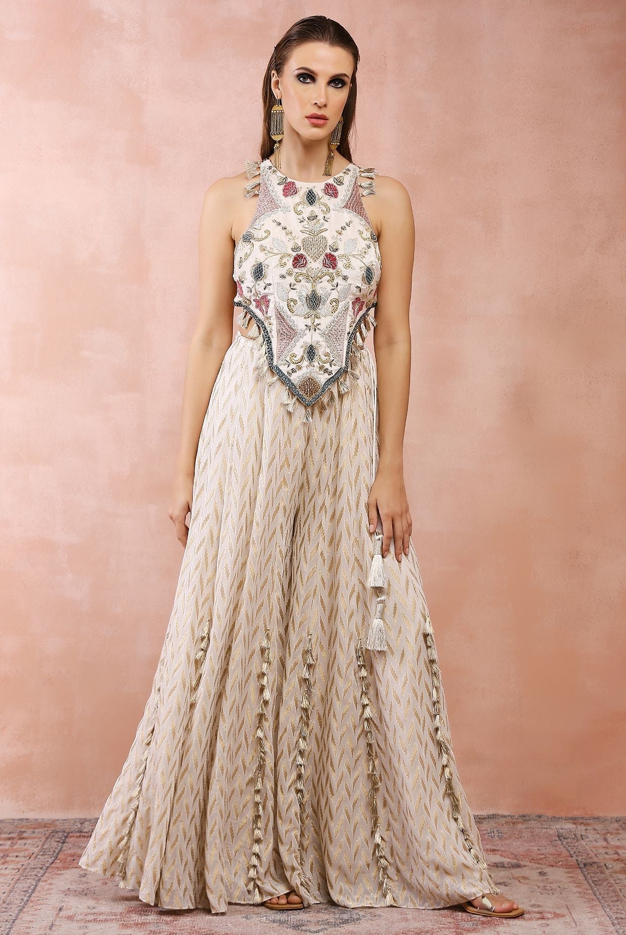 Off White Applique Embroidered Choli With Sharara