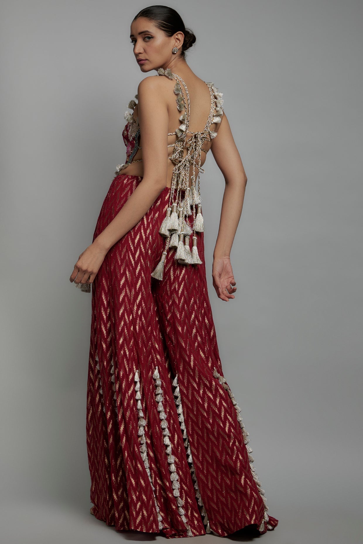 Maroon Embroidered Back Tie-Up Choli With Sharara