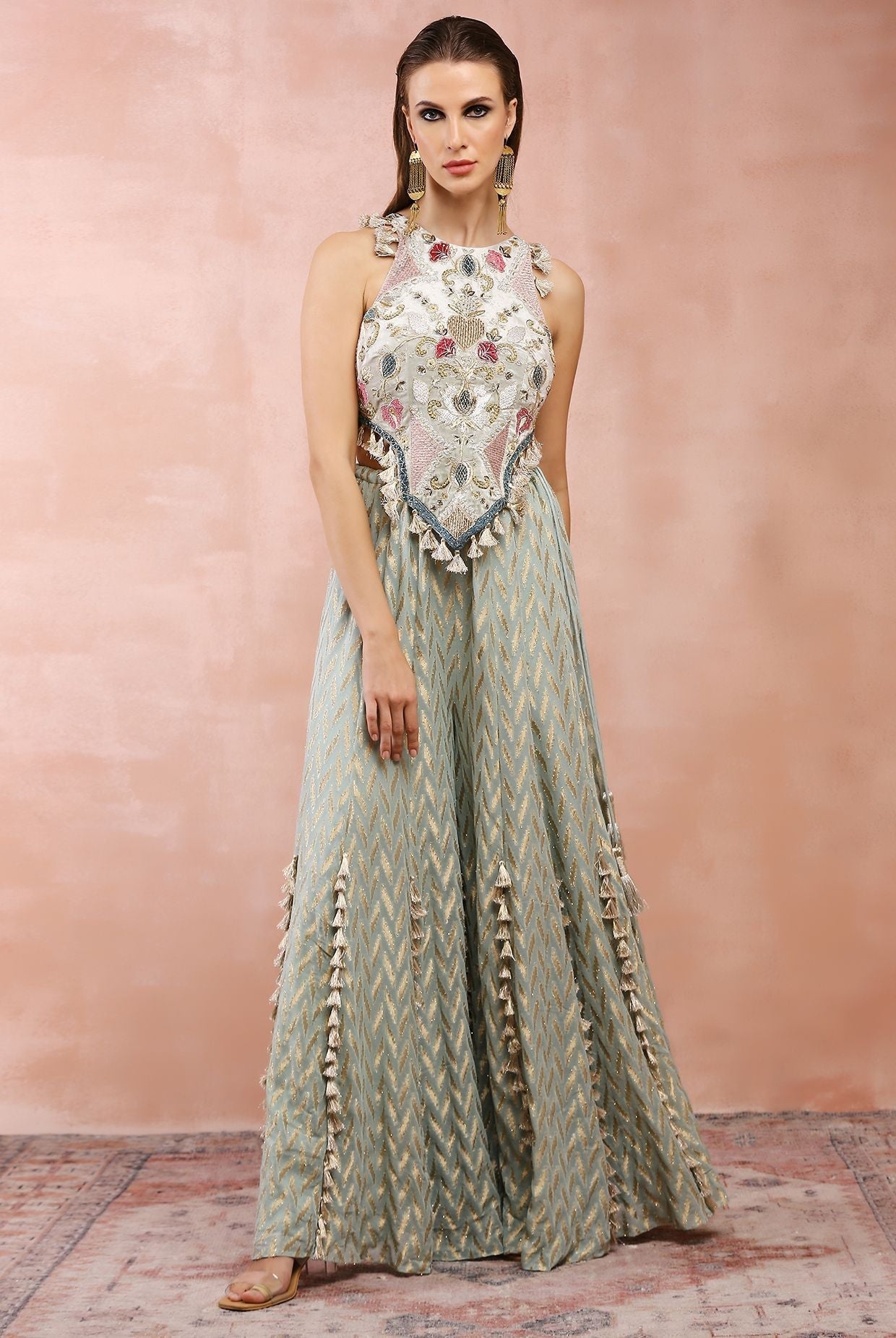 Powder Blue Applique Embroidered Choli With Sharara