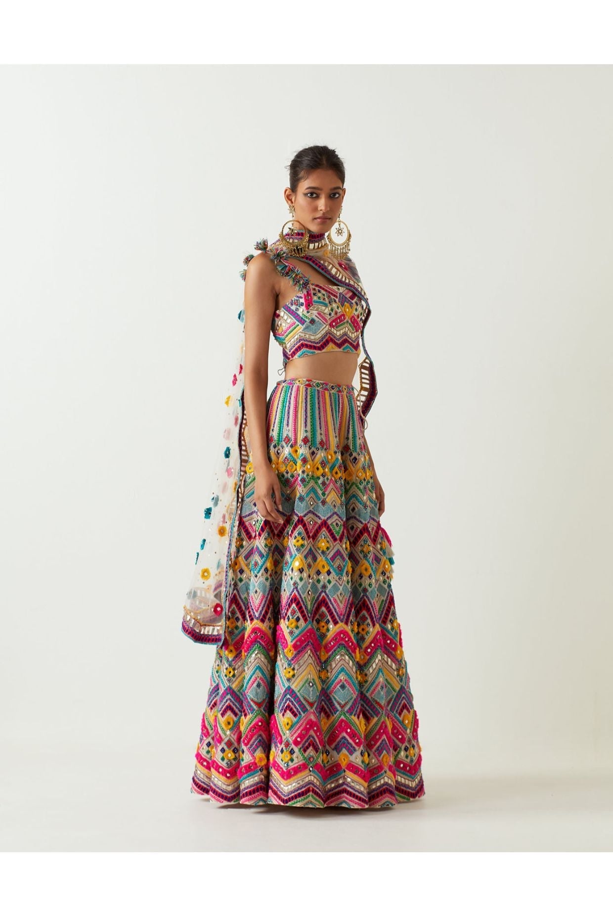 MULTI COLOUR EMBROIDERED CHOLI AND SHARARA WITH EMBROIDERED DUPATTA