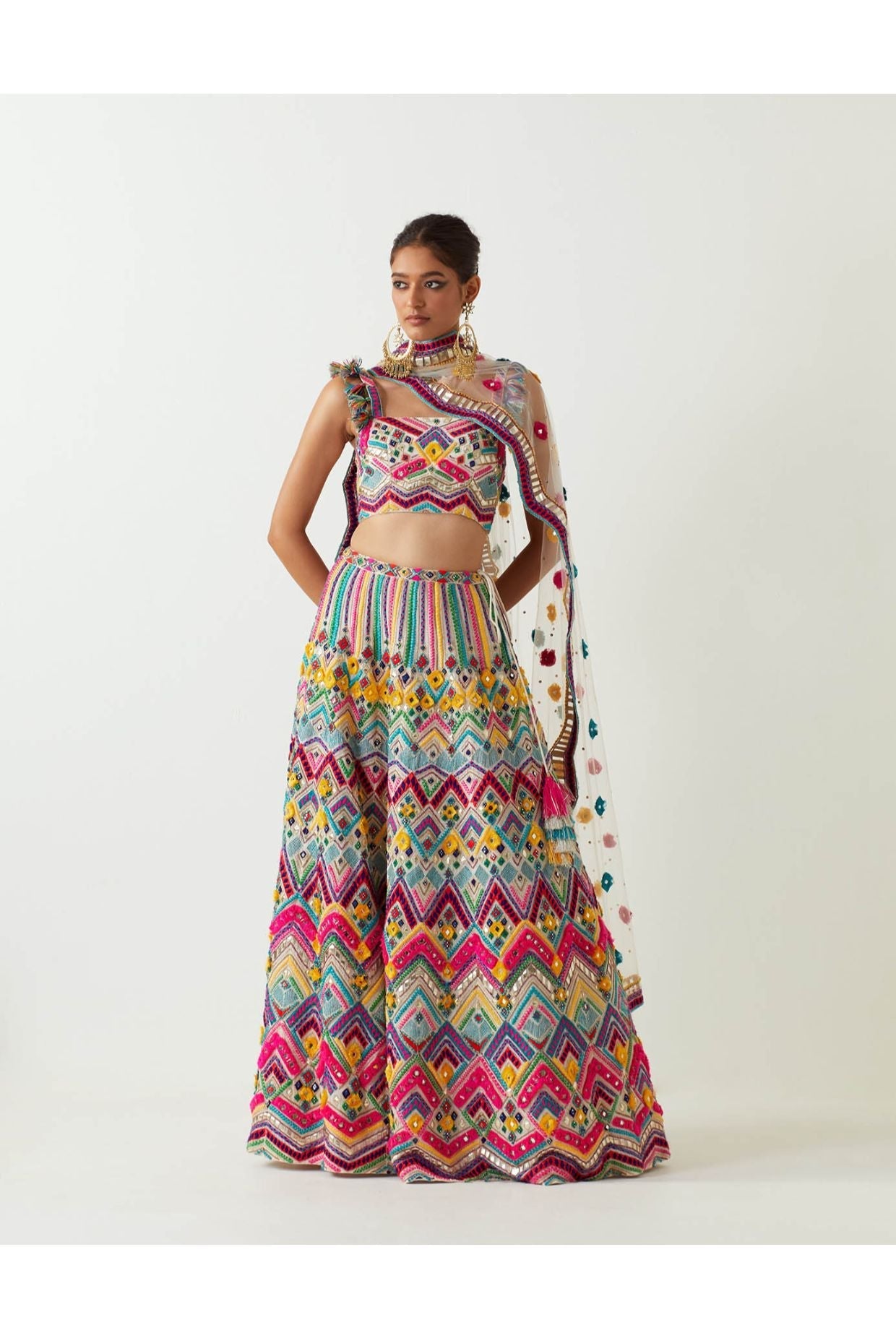 MULTI COLOUR EMBROIDERED CHOLI AND SHARARA WITH EMBROIDERED DUPATTA