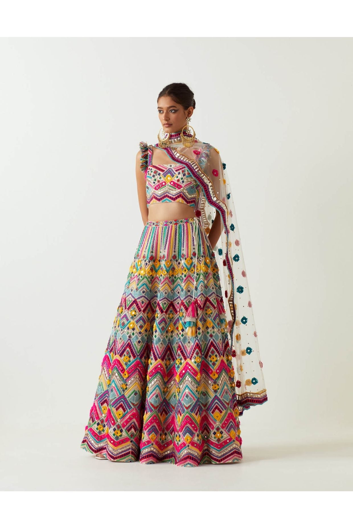 MULTI COLOUR EMBROIDERED CHOLI AND SHARARA WITH EMBROIDERED DUPATTA