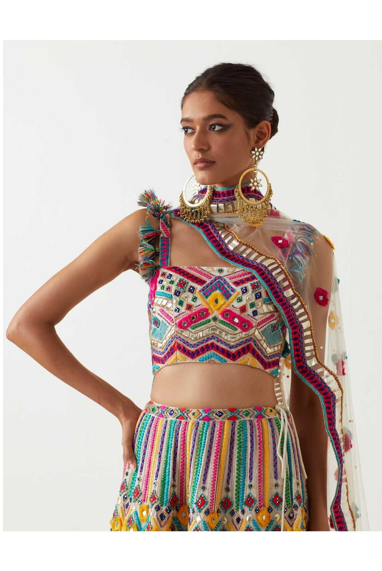 MULTI COLOUR EMBROIDERED CHOLI AND SHARARA WITH EMBROIDERED DUPATTA