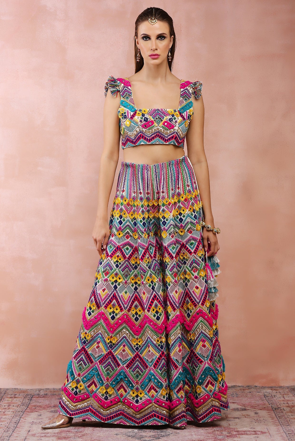 Multi colour embroidered choli with sharara