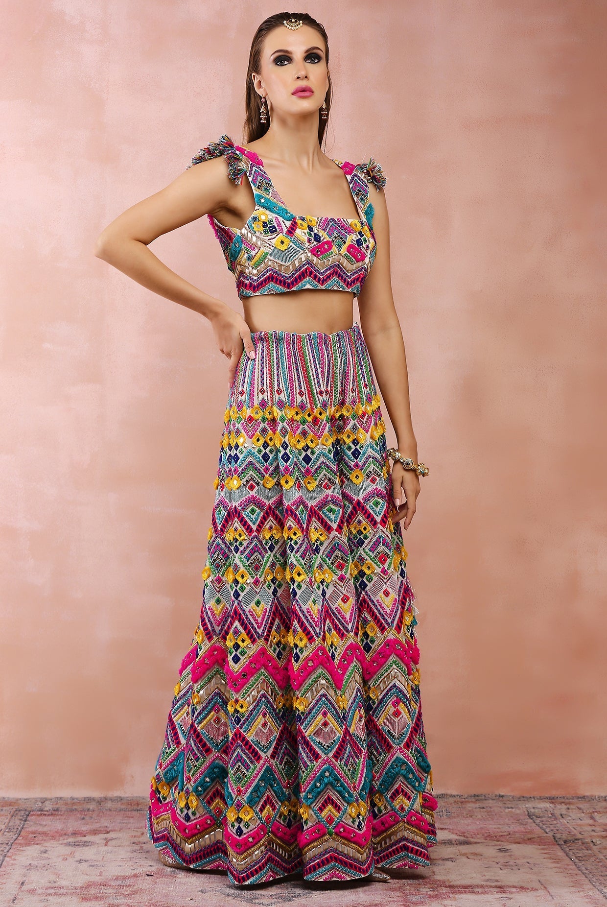 Multi colour embroidered choli with sharara