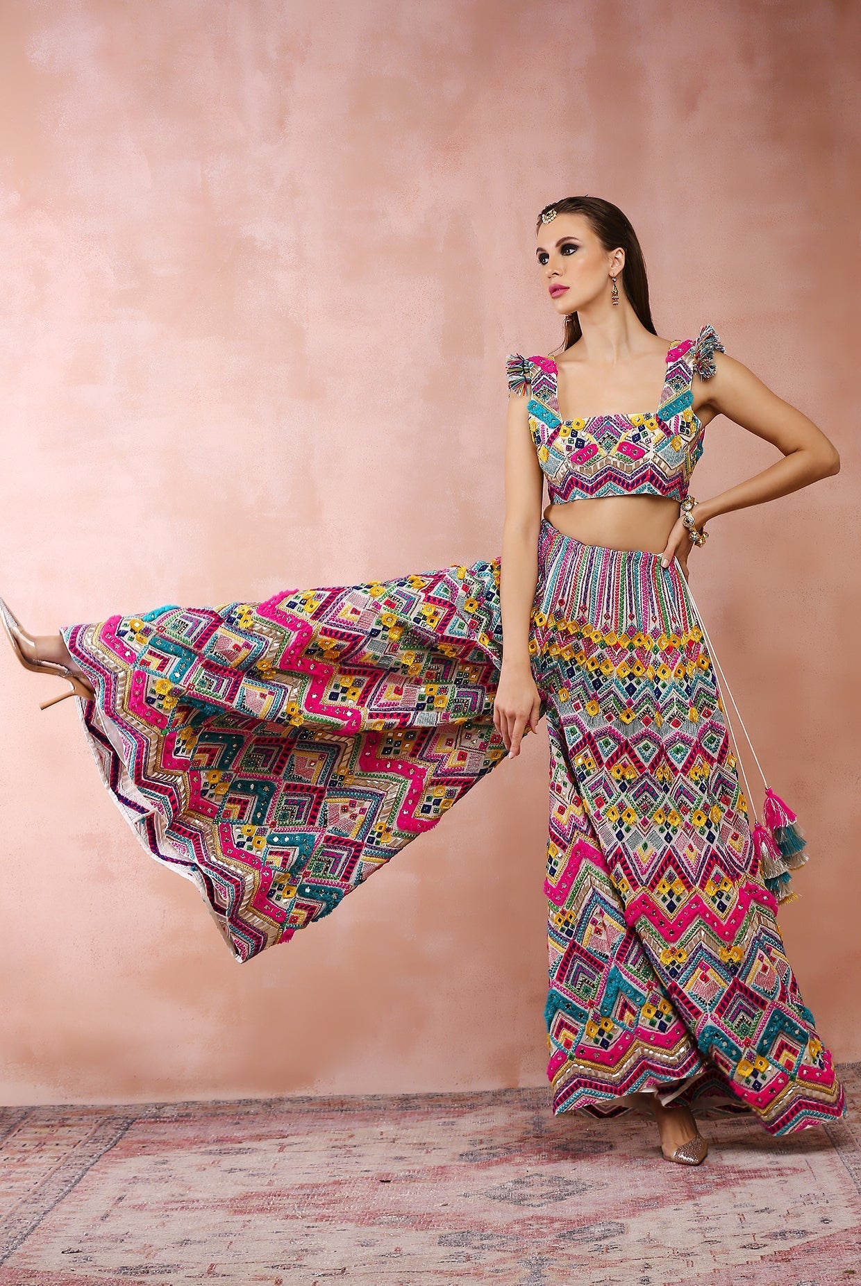Multi colour embroidered choli with sharara