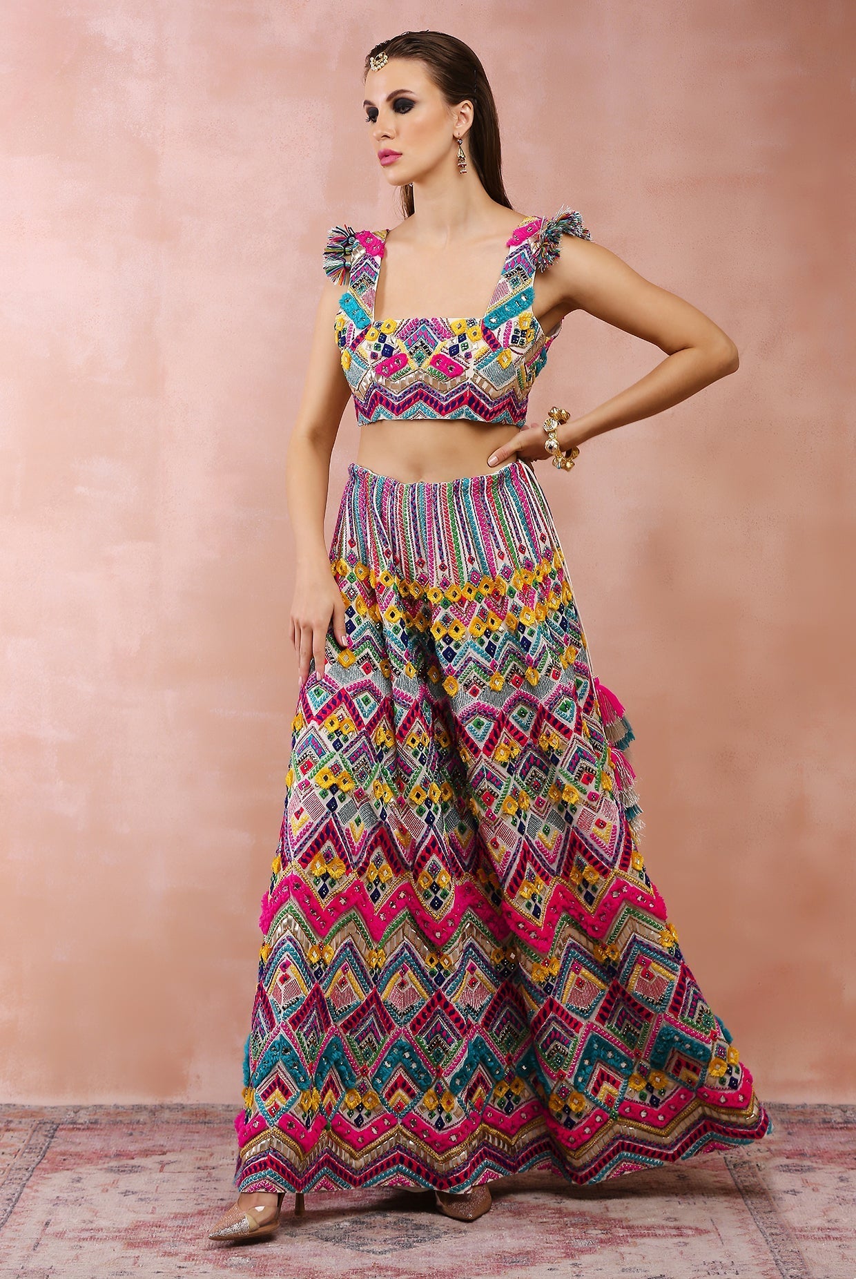 Multi colour embroidered choli with sharara