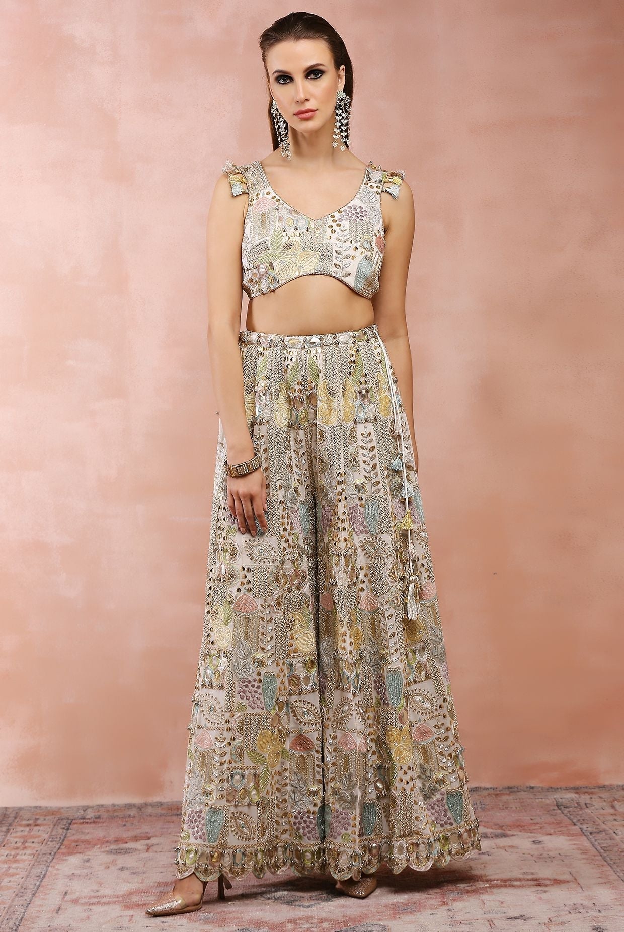 Off white applique embroidered choli with sharara and dupatta