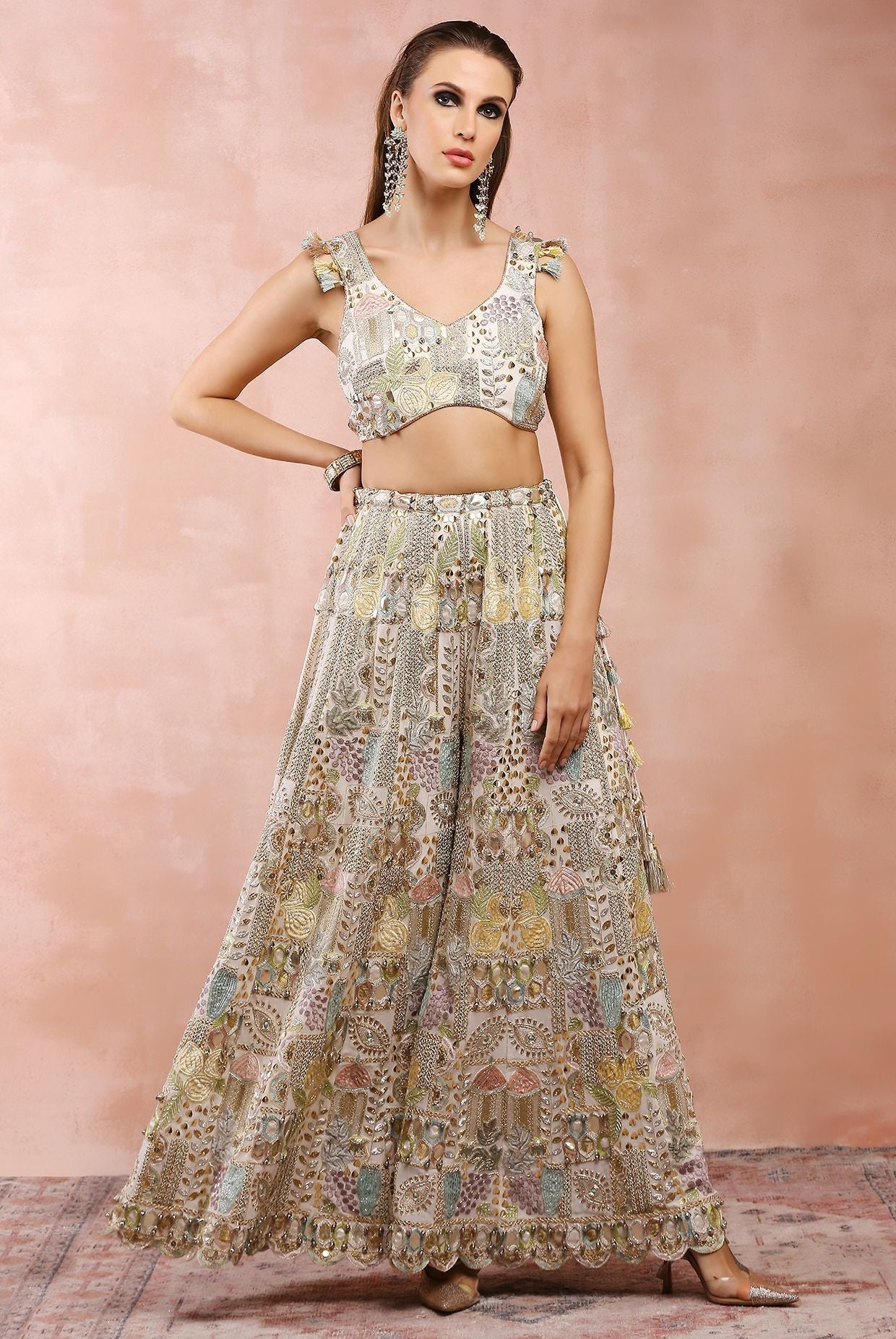 Off white applique embroidered choli with sharara and dupatta