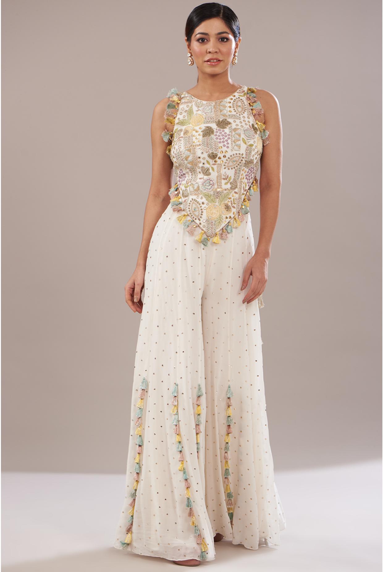 OFF WHITE EMBROIDERED CHOLI WITH SHARARA