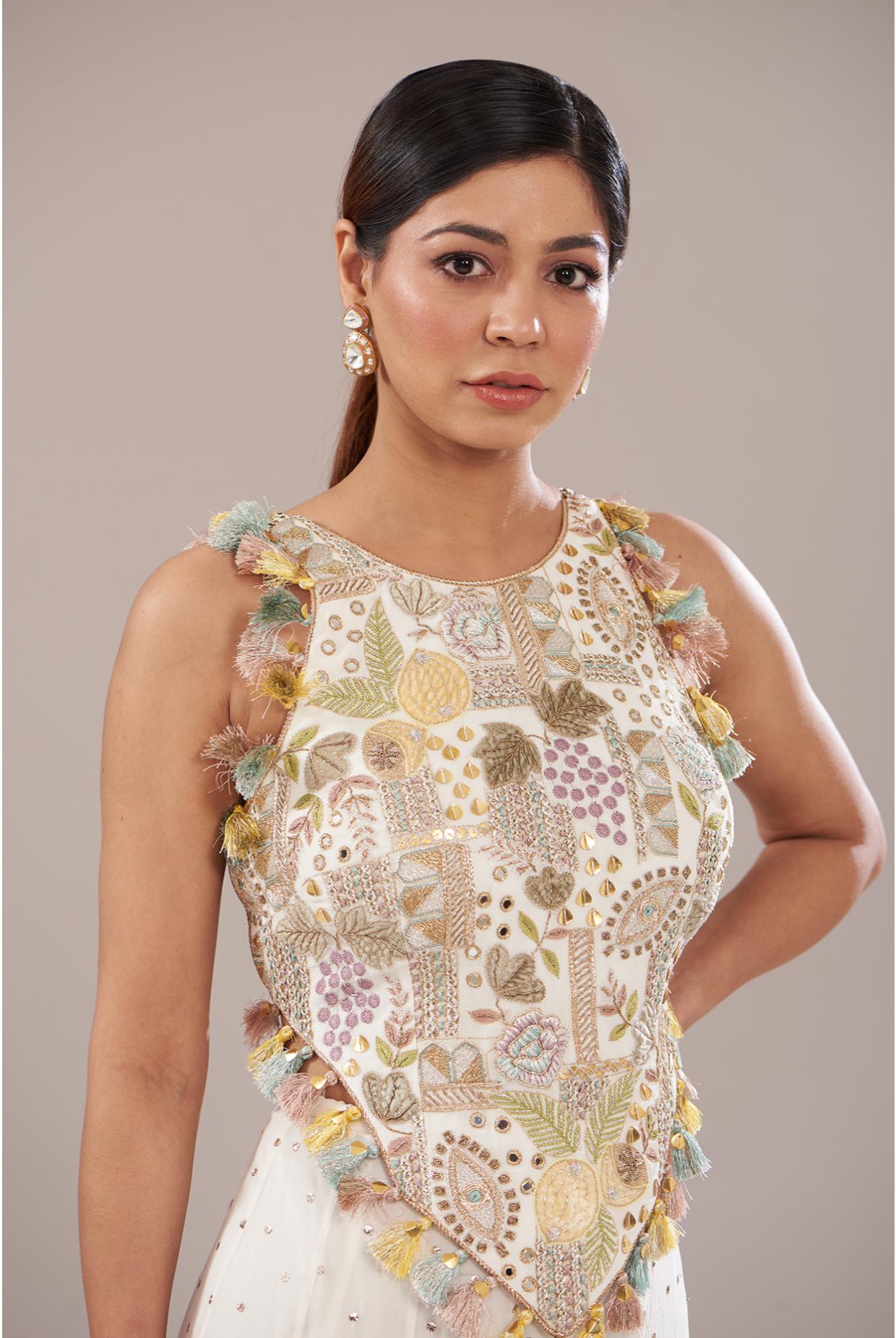 OFF WHITE EMBROIDERED CHOLI WITH SHARARA