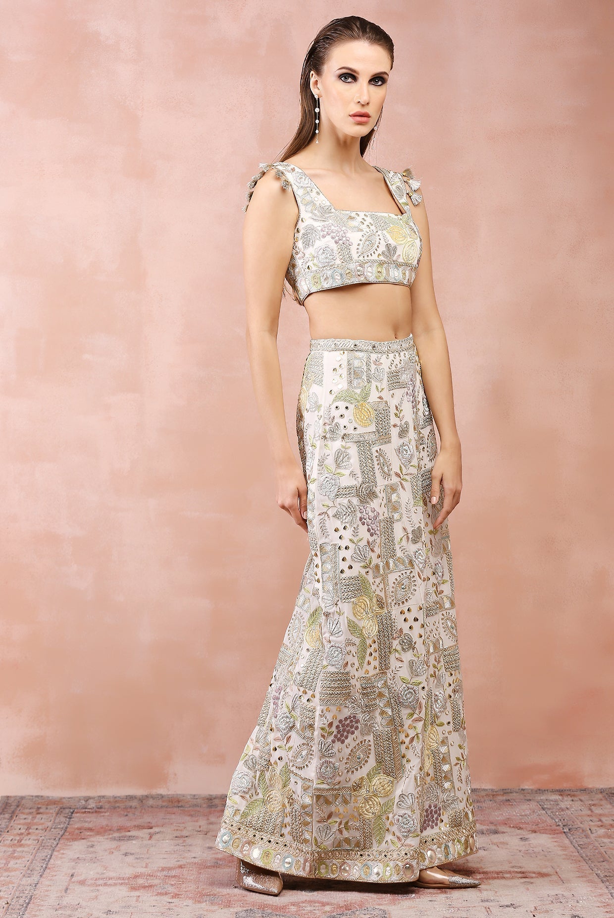 OFF WHITE APPLIQUE EMBROIDERED CHOLI AND SKIRT