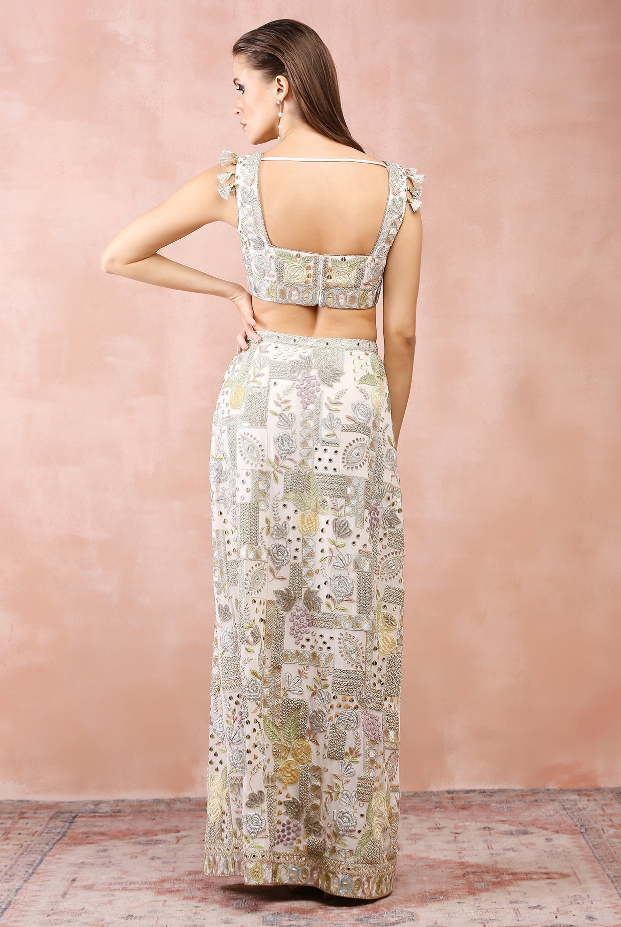 OFF WHITE APPLIQUE EMBROIDERED CHOLI AND SKIRT