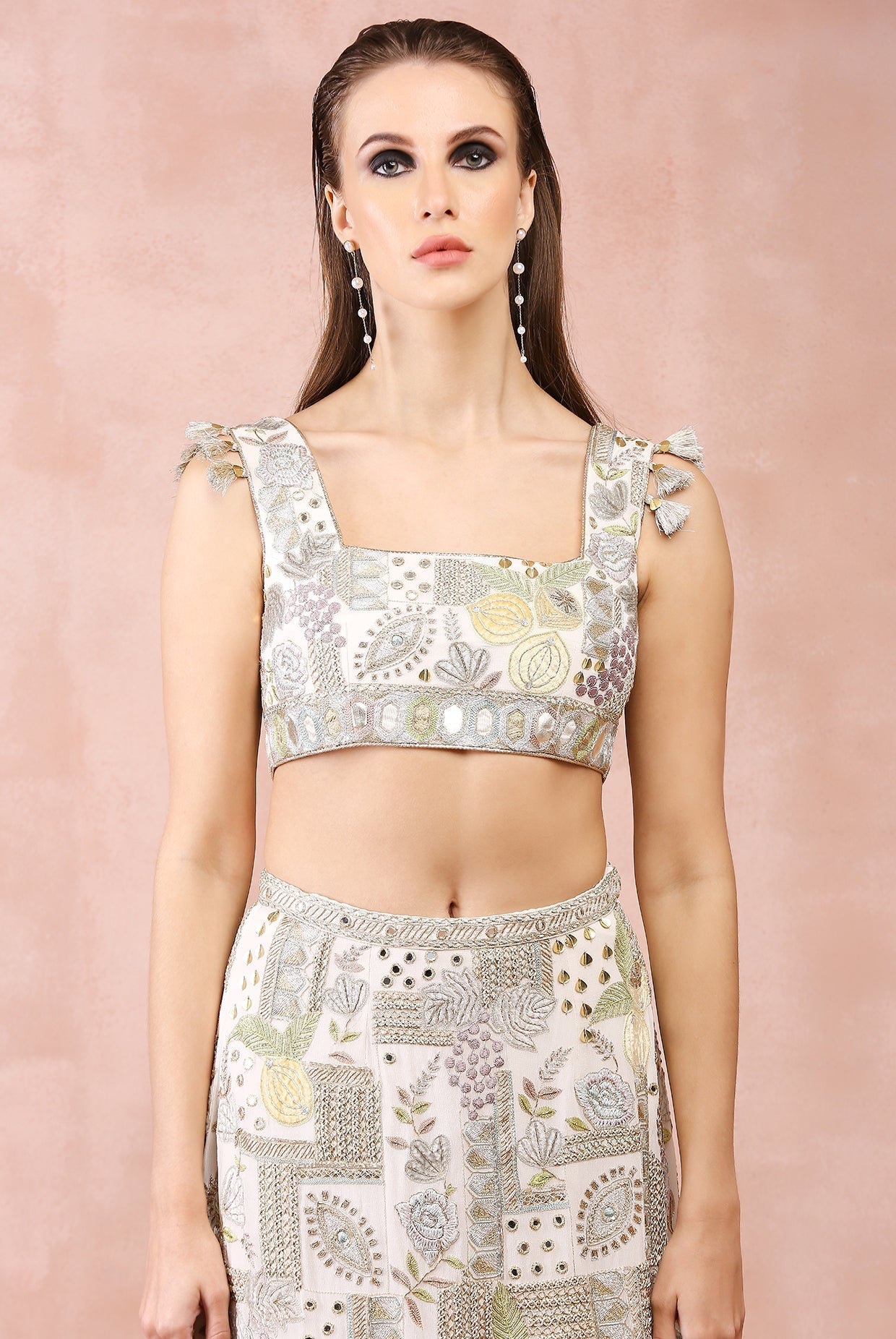 OFF WHITE APPLIQUE EMBROIDERED CHOLI AND SKIRT