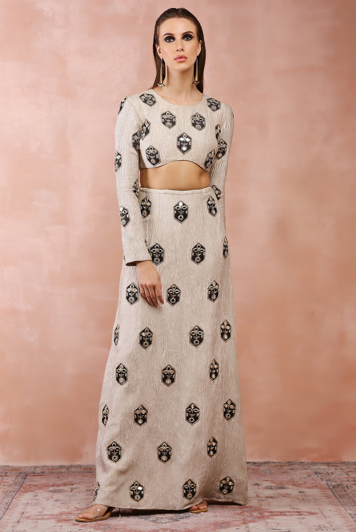 DULL GOLD EMBROIDERED CHOLI AND SKIRT WITH APPLIQUE AND ZARDOSI WORK