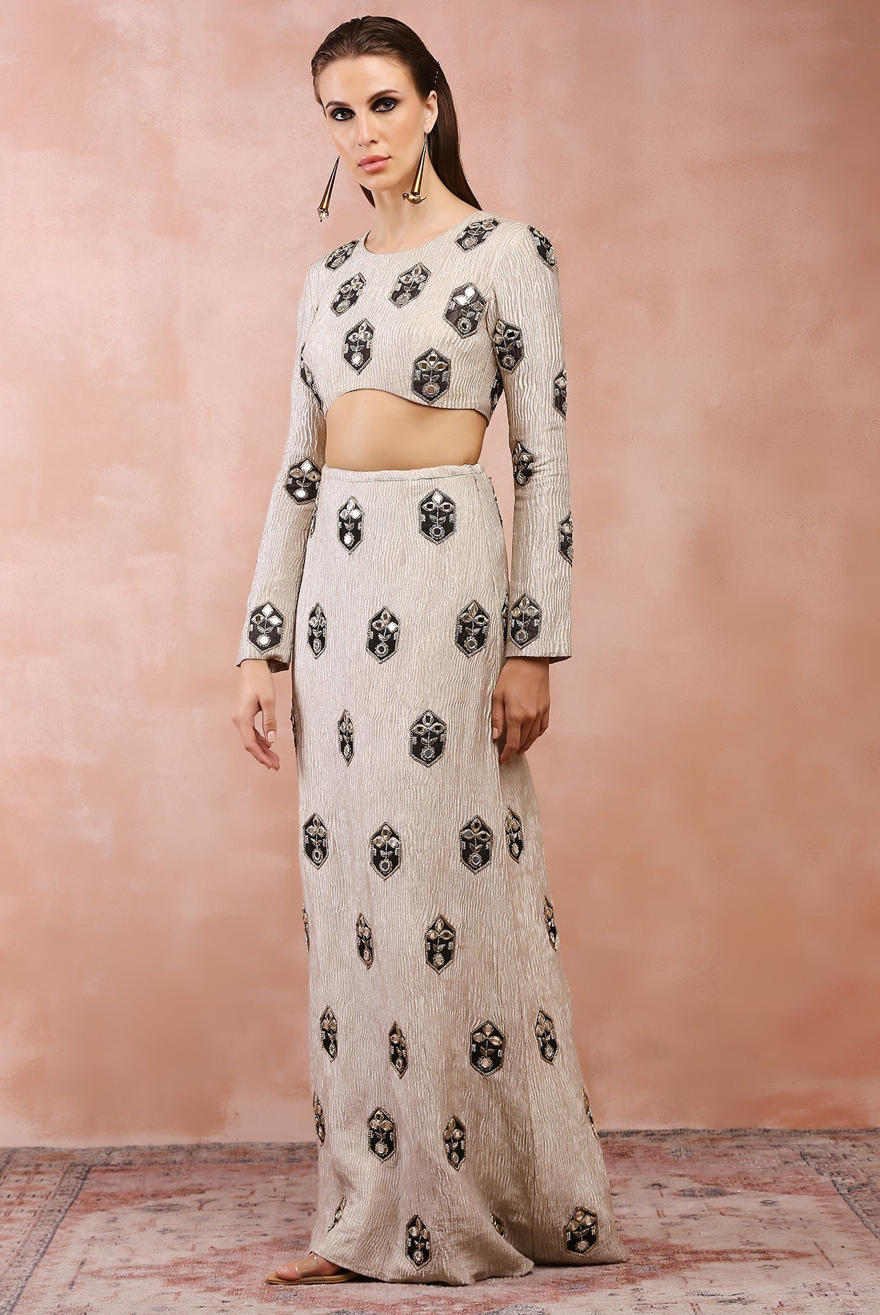 DULL GOLD EMBROIDERED CHOLI AND SKIRT WITH APPLIQUE AND ZARDOSI WORK