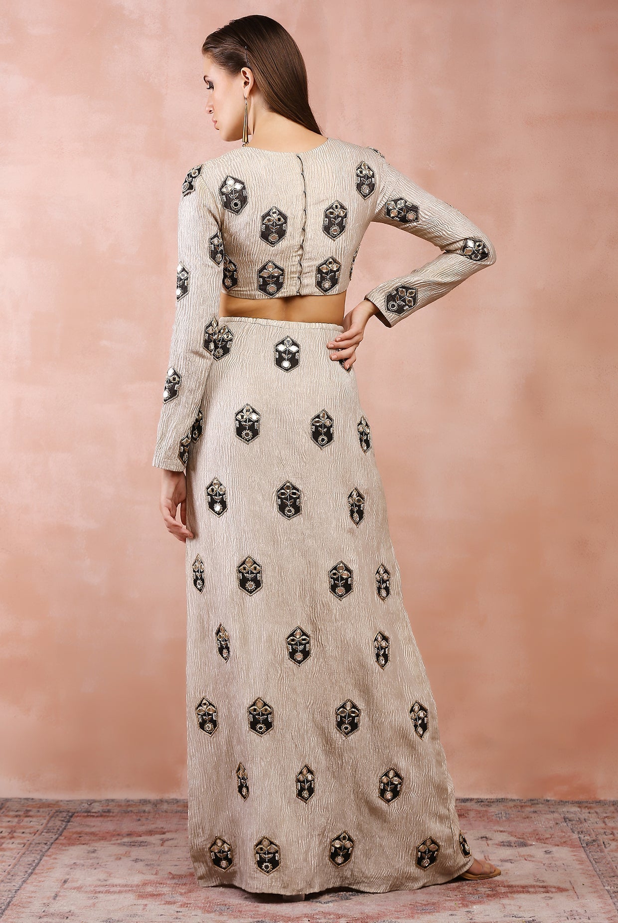 DULL GOLD EMBROIDERED CHOLI AND SKIRT WITH APPLIQUE AND ZARDOSI WORK