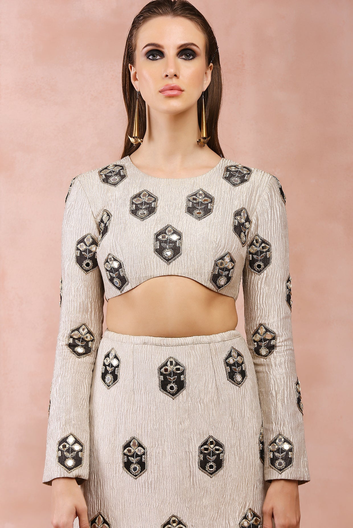 DULL GOLD EMBROIDERED CHOLI AND SKIRT WITH APPLIQUE AND ZARDOSI WORK