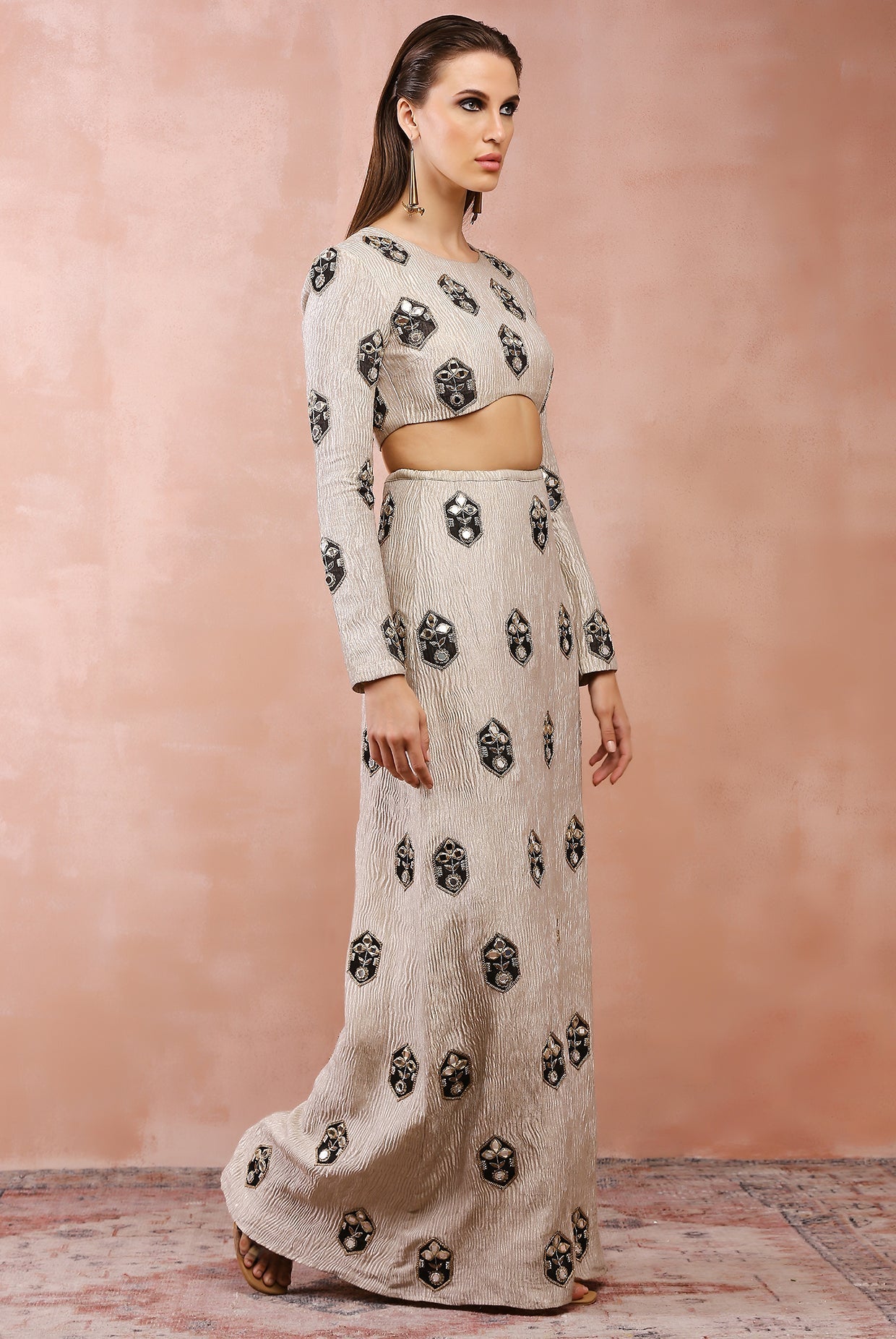 DULL GOLD EMBROIDERED CHOLI AND SKIRT WITH APPLIQUE AND ZARDOSI WORK