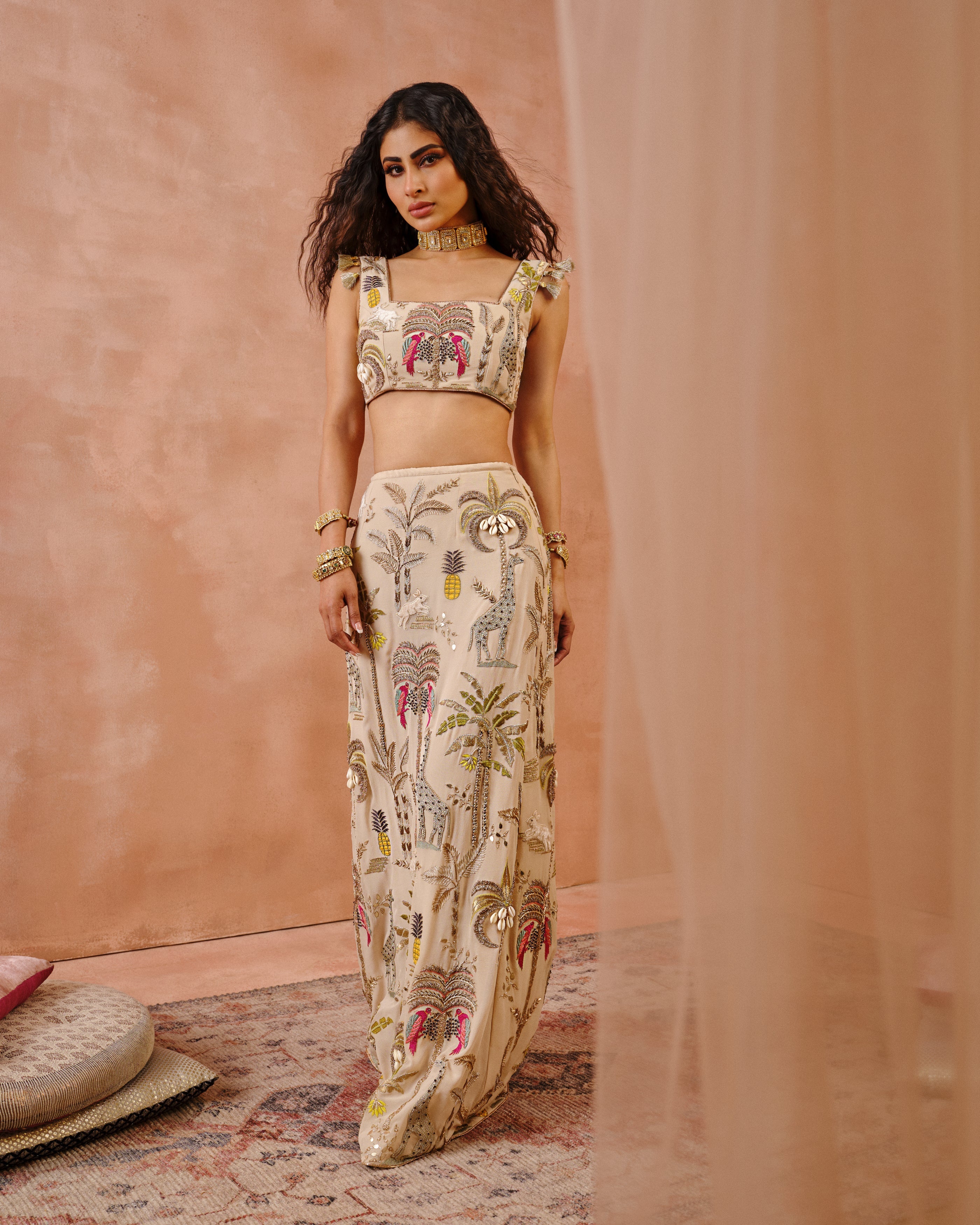 Stone choli and fitted skirt with safari embroidery