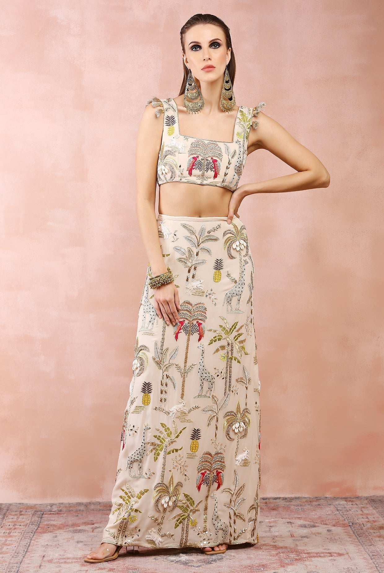 Stone choli and fitted skirt with safari embroidery