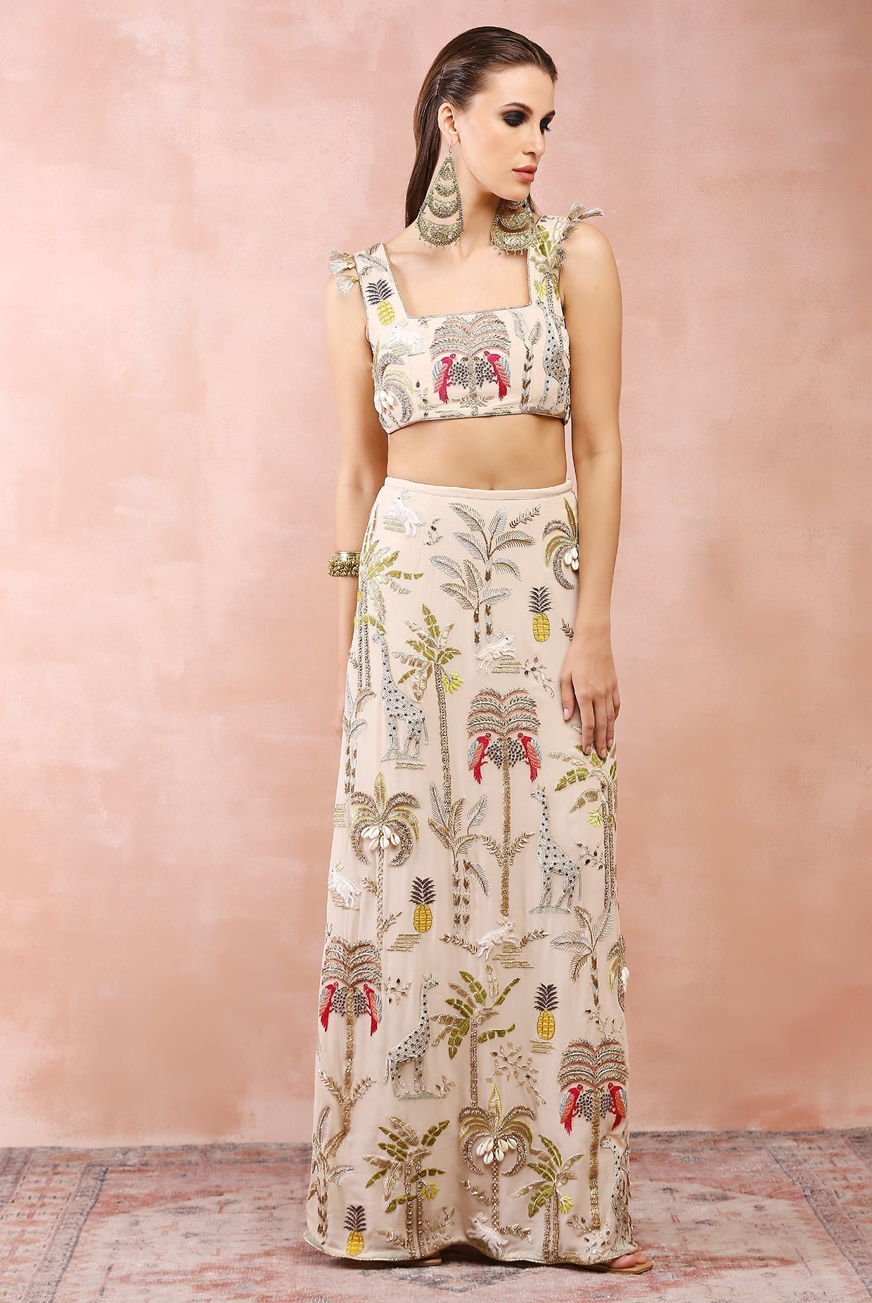 Stone choli and fitted skirt with safari embroidery