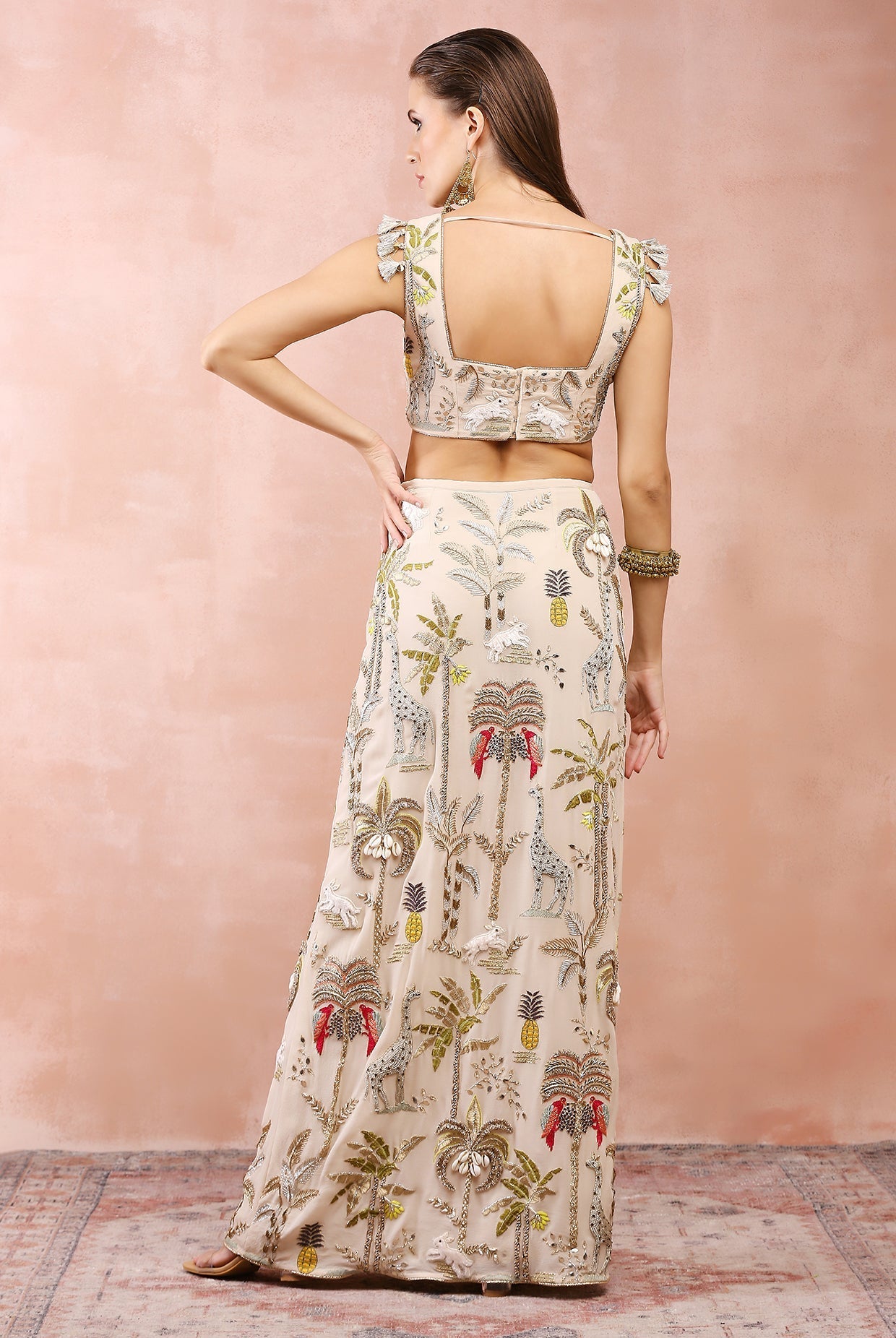 Stone choli and fitted skirt with safari embroidery