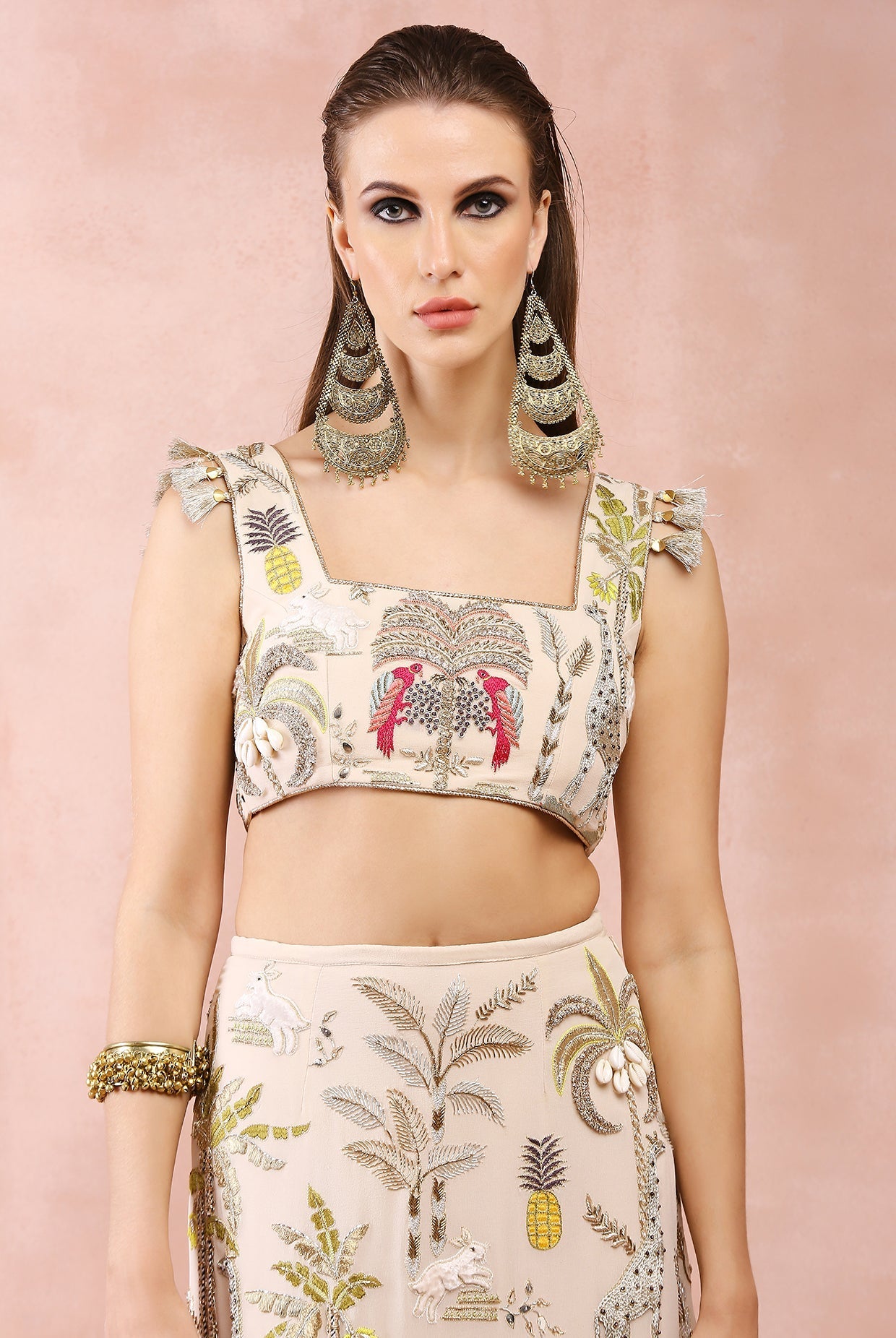 Stone choli and fitted skirt with safari embroidery