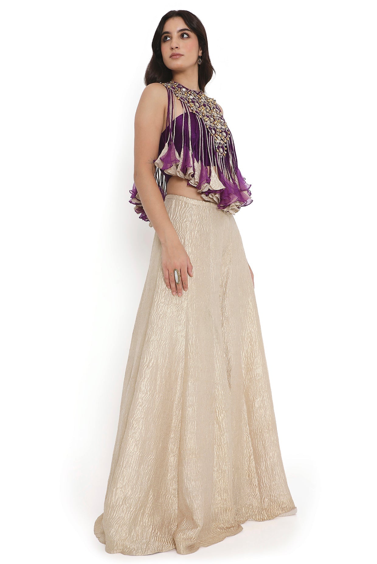 Purple Embroidered Bib With Bustier And Sharara