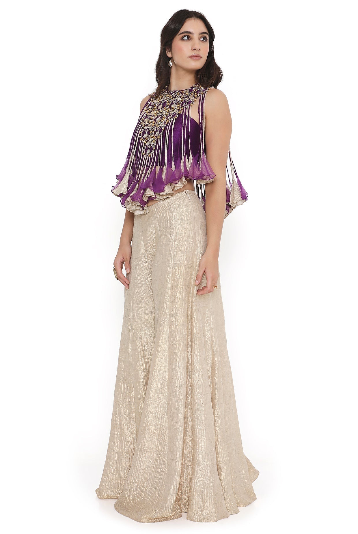 Purple Embroidered Bib With Bustier And Sharara