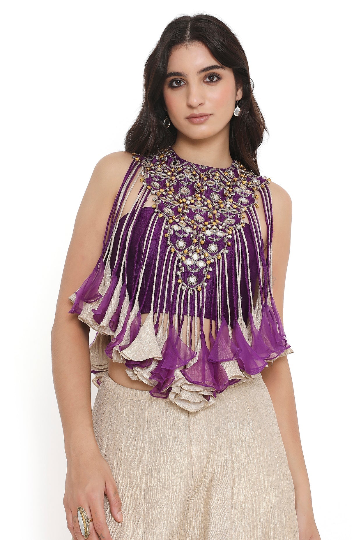 Purple Embroidered Bib With Bustier And Sharara