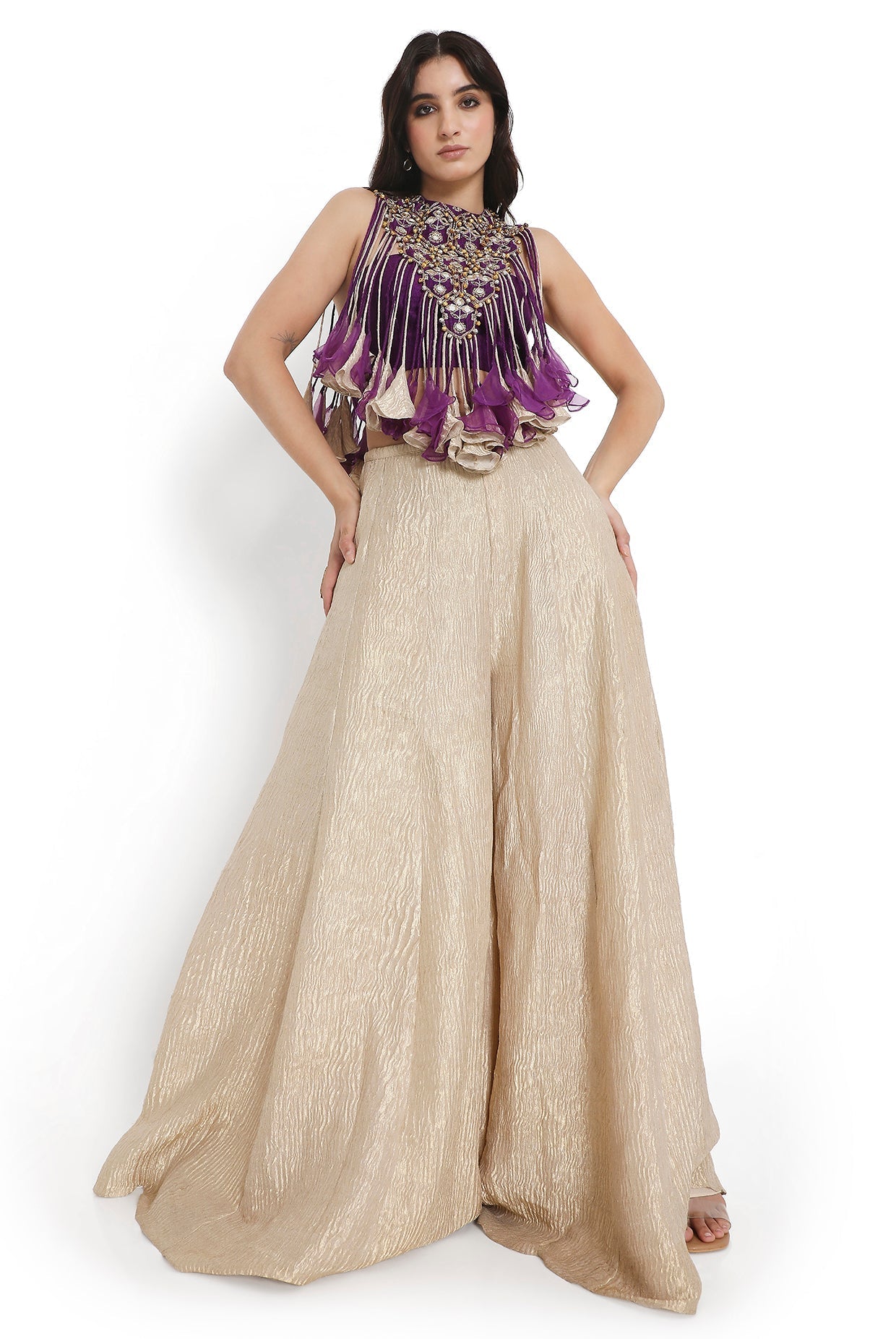 Purple Embroidered Bib With Bustier And Sharara