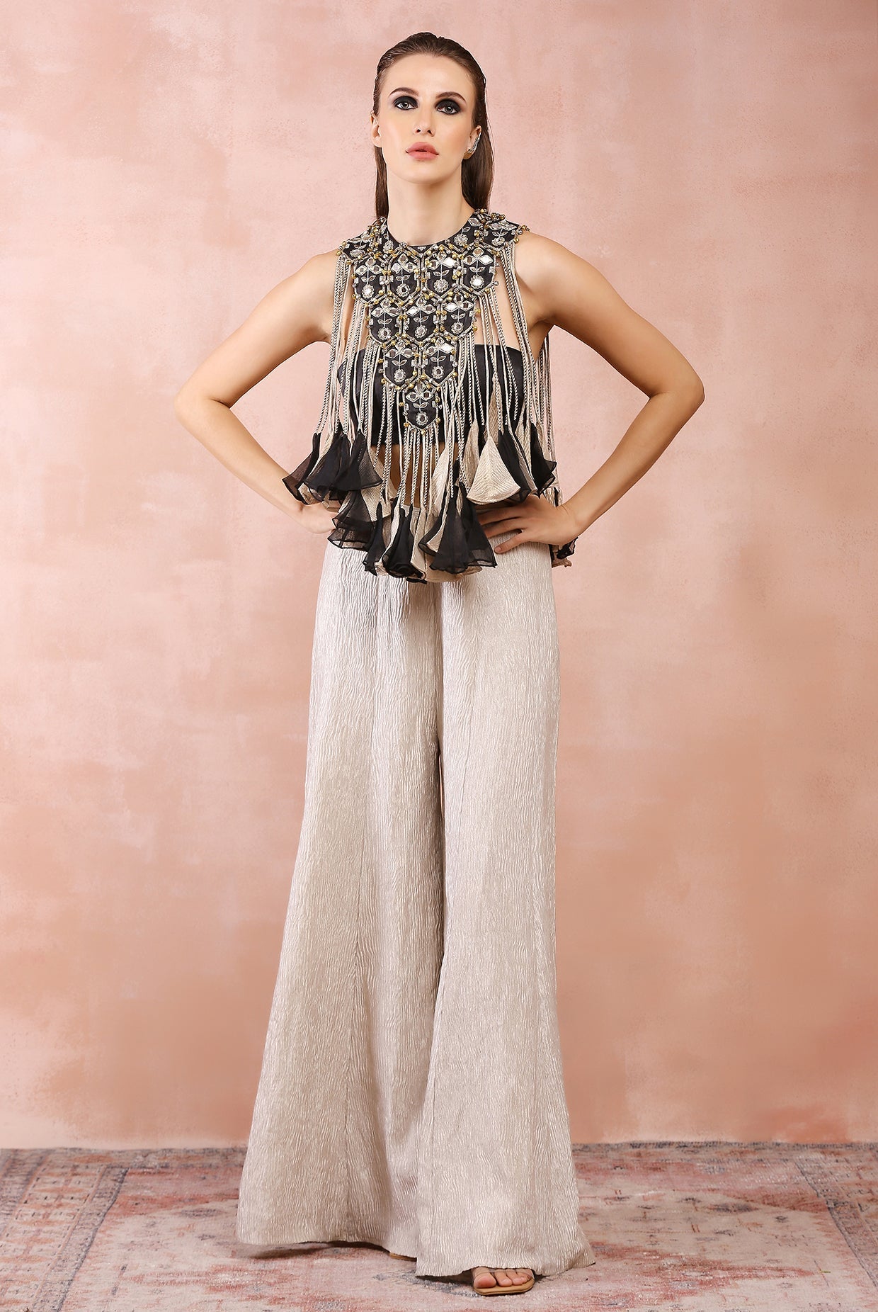 Black embroidered yoke with bustier and dull gold sharara